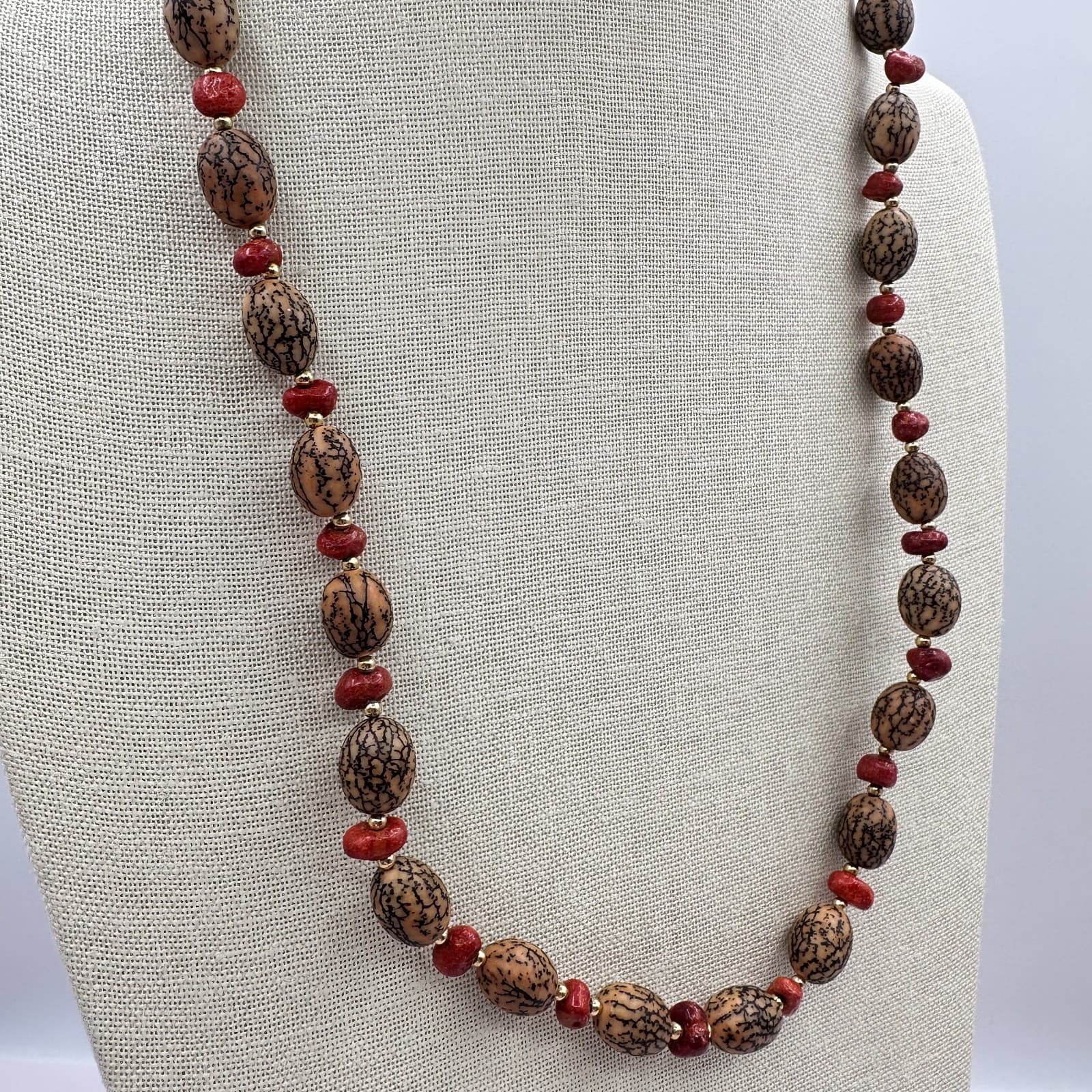Vintage 90s Gold Tone Jasper & Wooden Beaded Necklace Women's Classic Jewelry - Thumbnail 5
