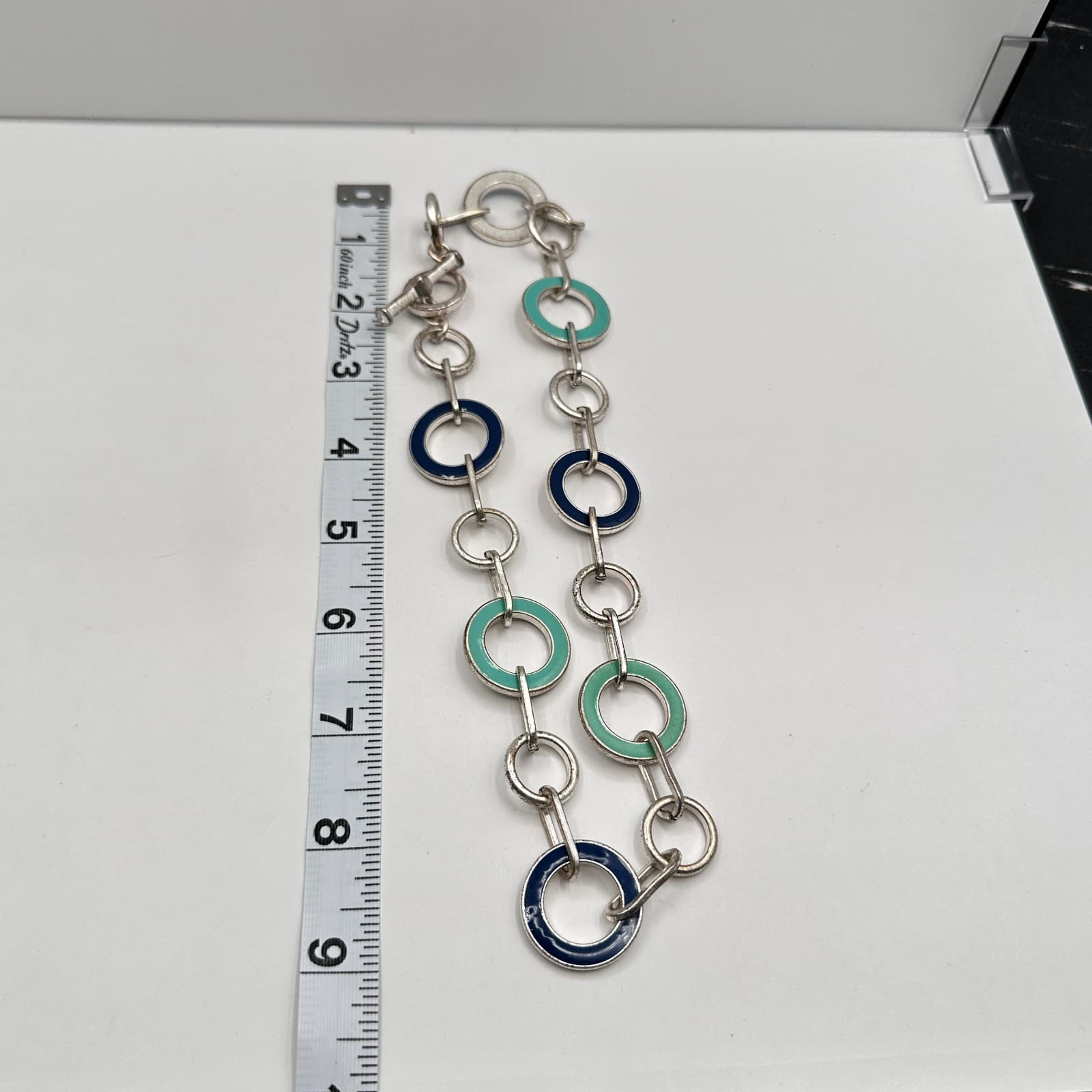 Vintage 90s Silver Tone Enamel Circle Link Statement Necklace Classic Jewelry - Thumbnail 11