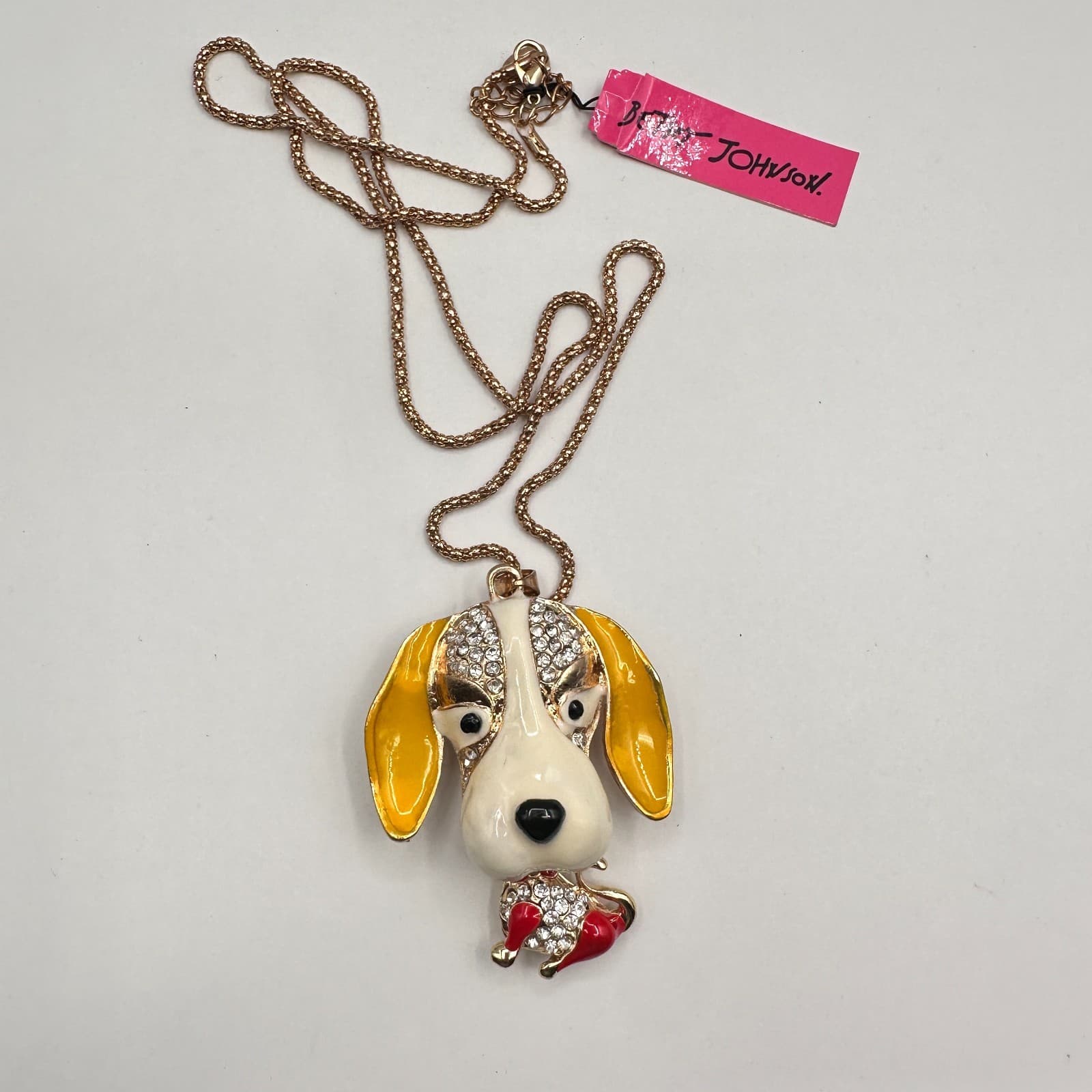 Vintage 90s Betsey Johnson Dog Puppy Pendant Necklace Gold Tone Chain Jewelry - Thumbnail 2