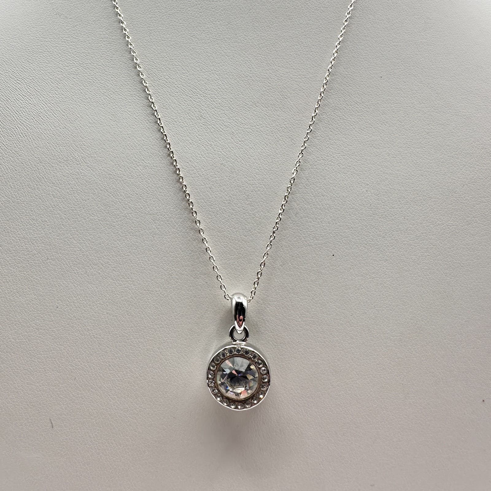 Vintage Y2K Silver Tone Clear Halo Glass Pendant Necklace Link Chain Jewelry - Thumbnail 2