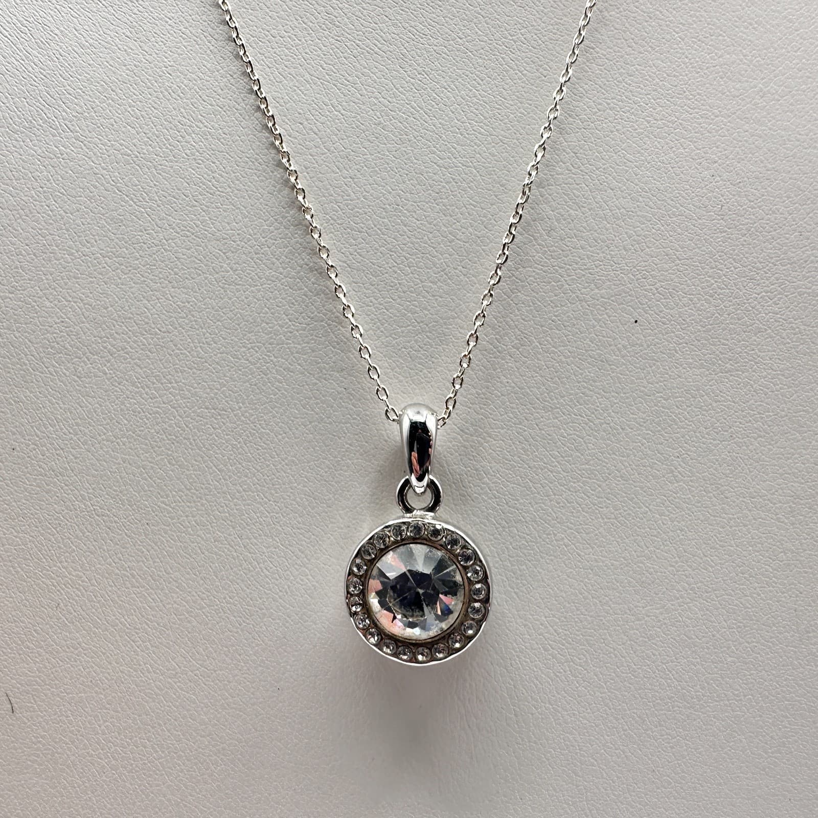 Vintage Y2K Silver Tone Clear Halo Glass Pendant Necklace Link Chain Jewelry - Thumbnail 4