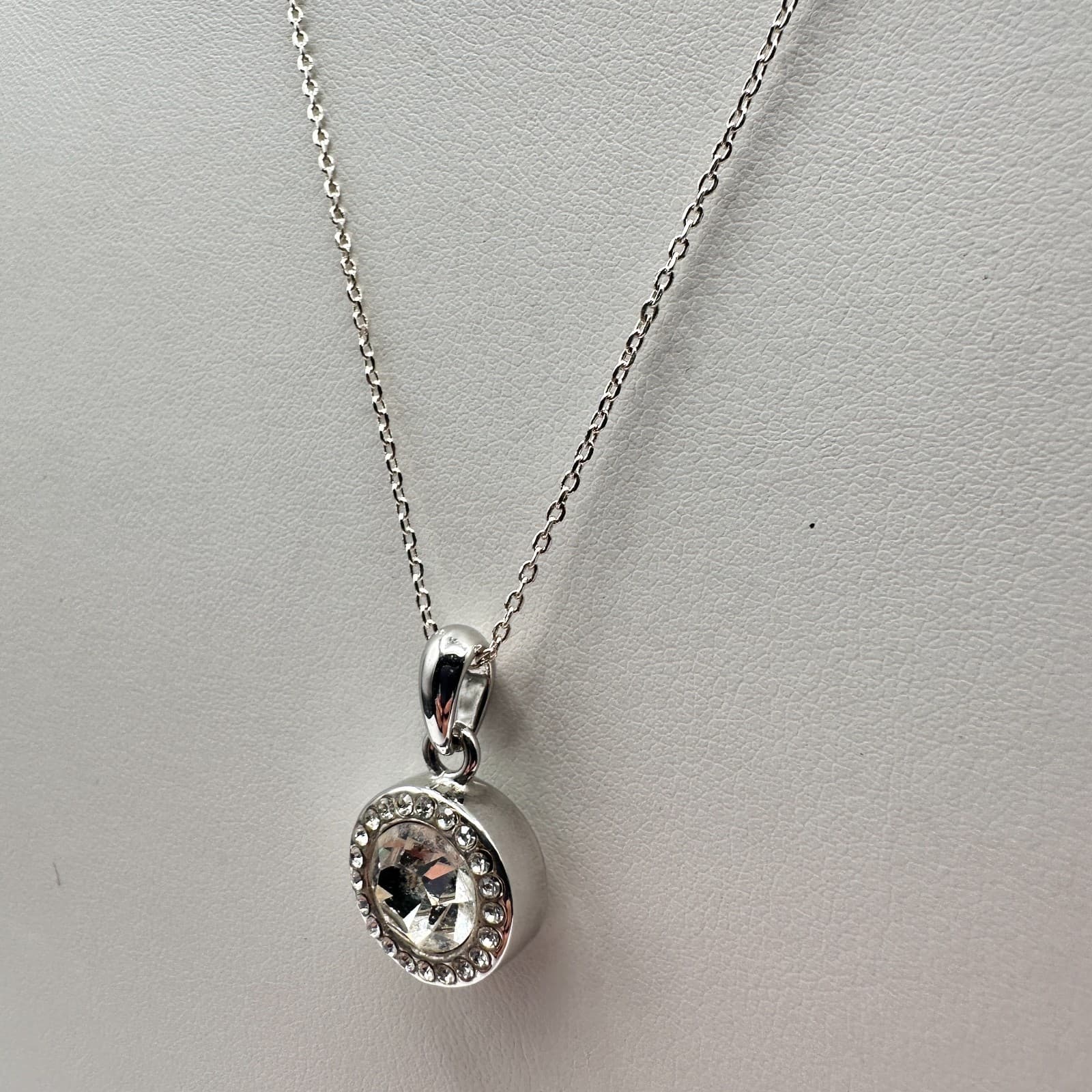 Vintage Y2K Silver Tone Clear Halo Glass Pendant Necklace Link Chain Jewelry - Thumbnail 6