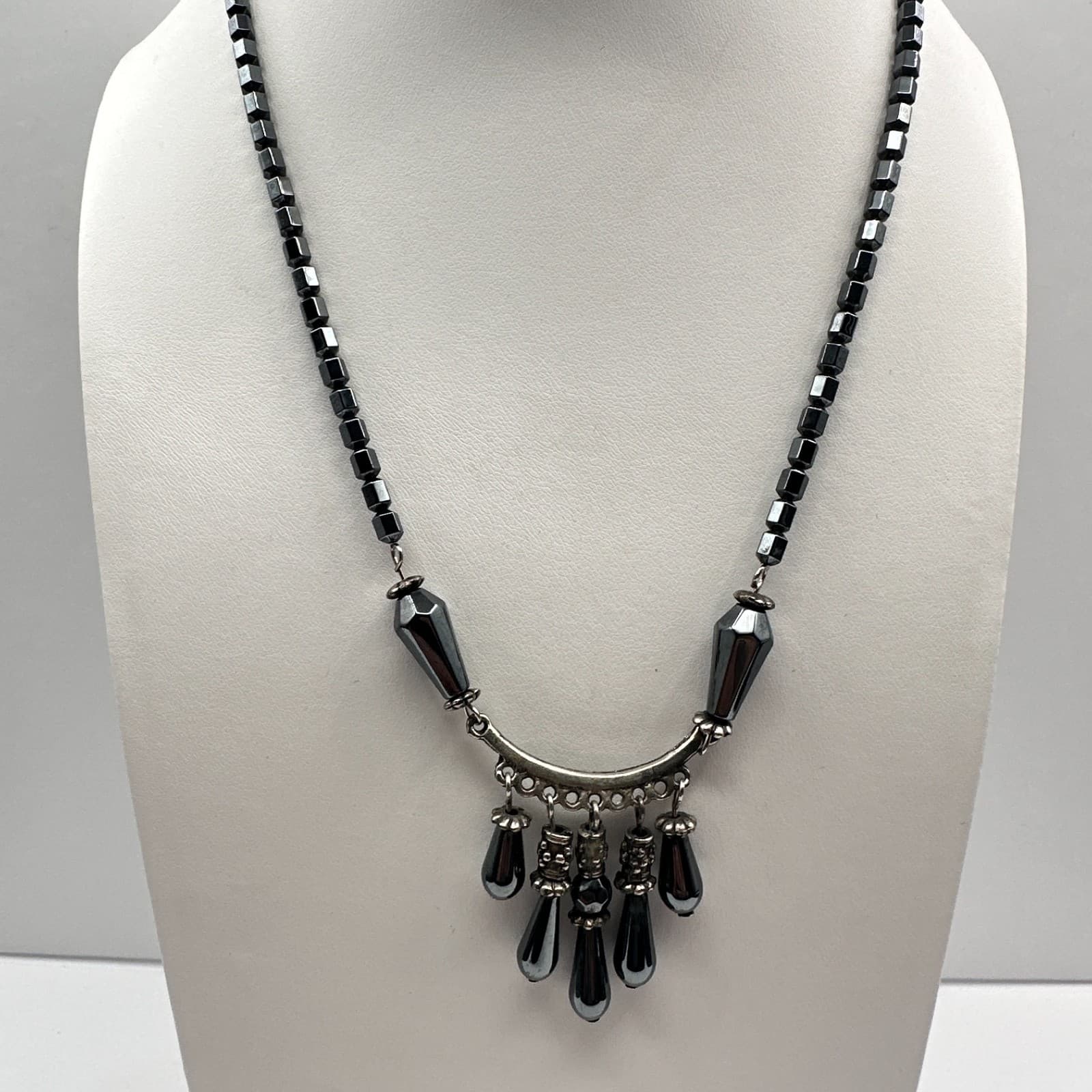 Vintage 90s Hematite Stone Fringe Necklace Silver Tone Dangle Boho Chic Jewelry - Thumbnail 3