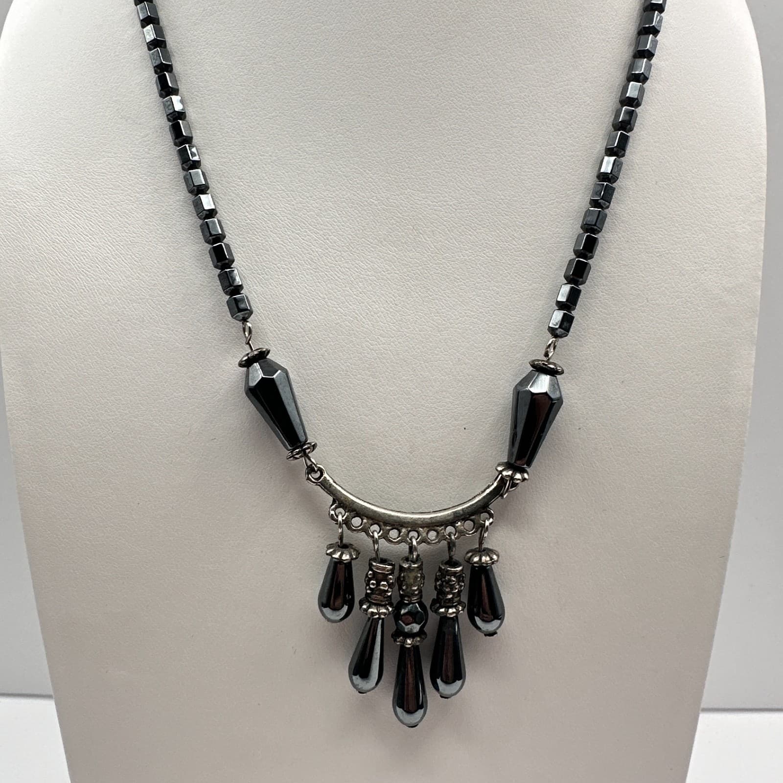 Vintage 90s Hematite Stone Fringe Necklace Silver Tone Dangle Boho Chic Jewelry - Thumbnail 2