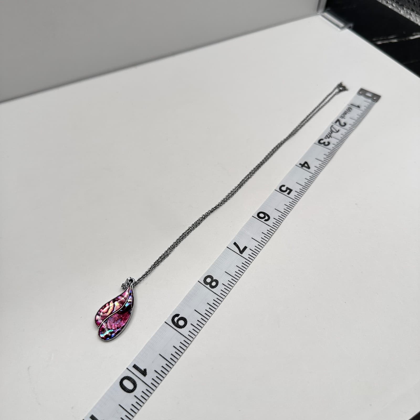 Vintage 90s Pink Abalone Shell Teardrop Pendant Necklace Silver Tone Jewelry - Thumbnail 9