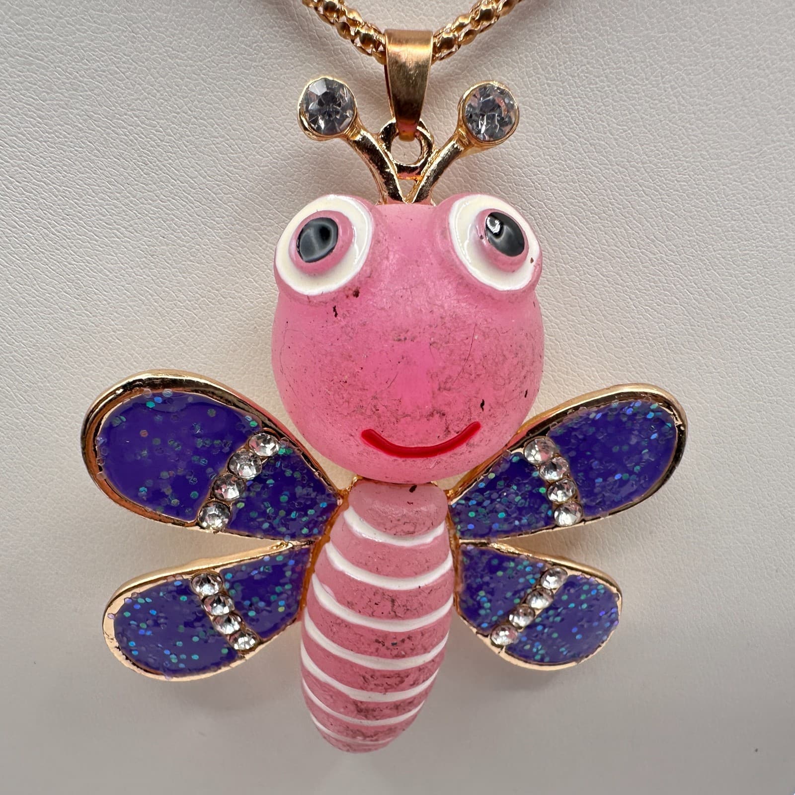Vintage 90s Betsey Johnson Glass Accents Butterfly Bee Pendant Necklace Jewelry - Thumbnail 4