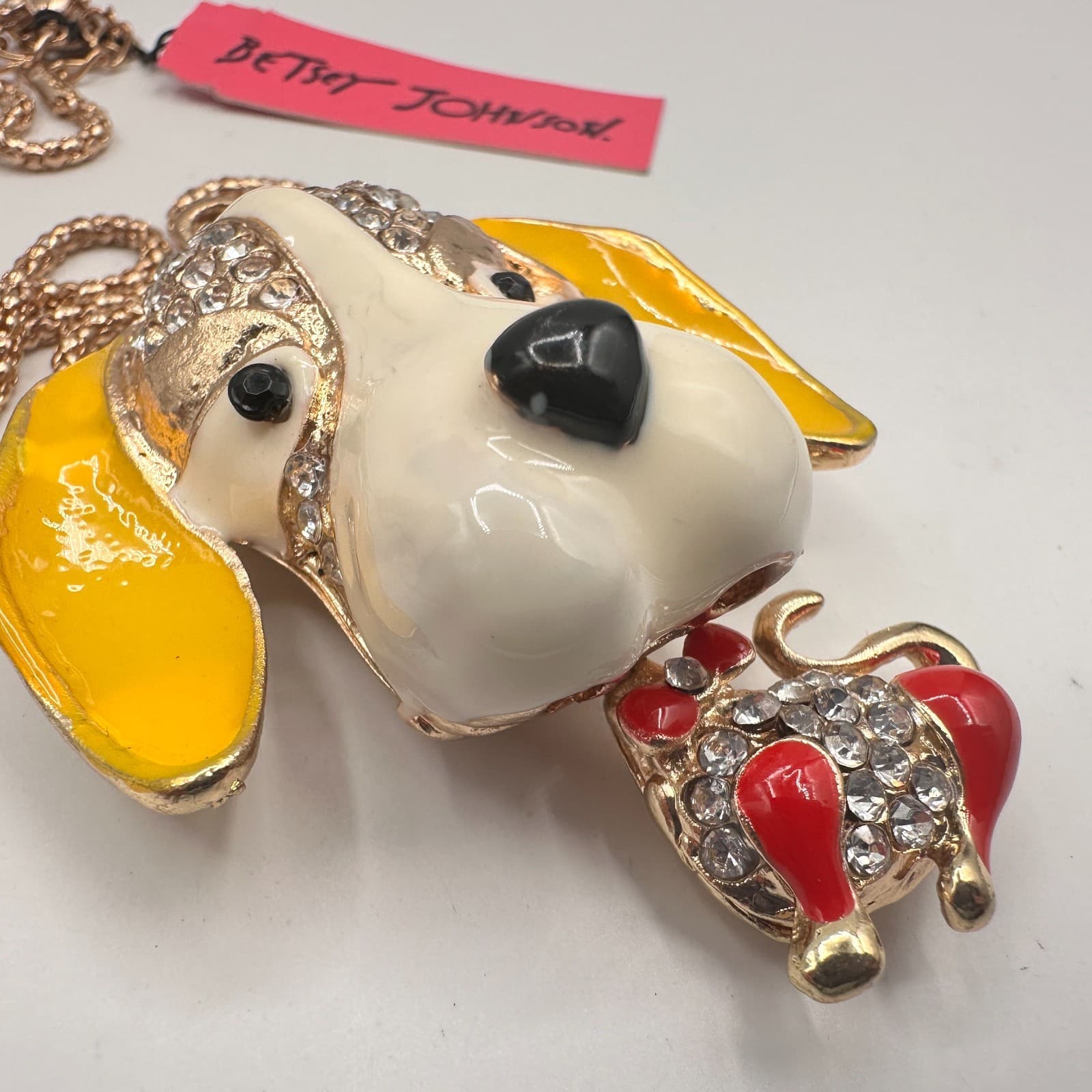 Vintage 90s Betsey Johnson Dog Puppy Pendant Necklace Gold Tone Chain Jewelry - Thumbnail 6