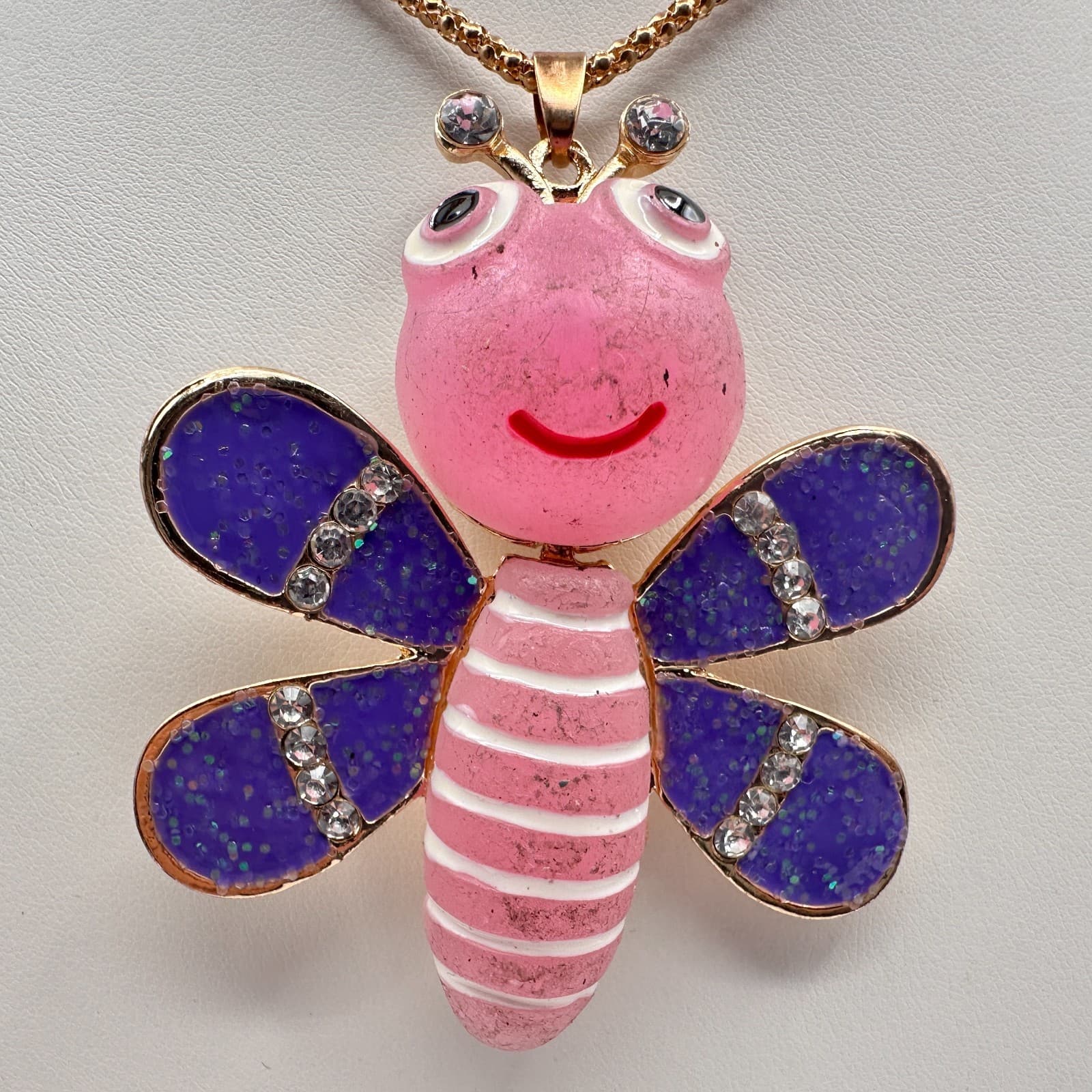 Vintage 90s Betsey Johnson Glass Accents Butterfly Bee Pendant Necklace Jewelry - Thumbnail 3