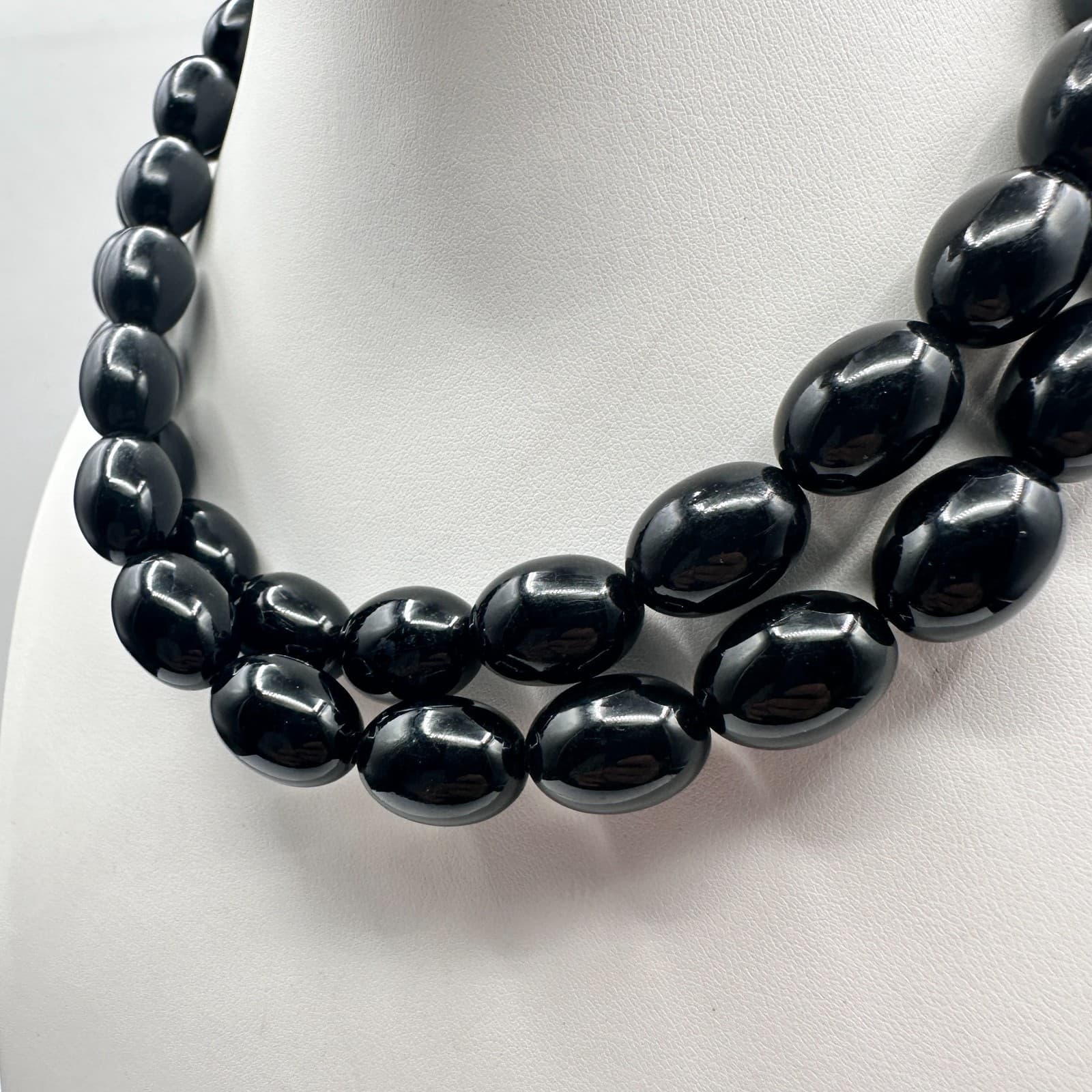 Vintage 90s Black Oval Beaded Multi Strand Necklace Statement Women's Jewelry - Thumbnail 6