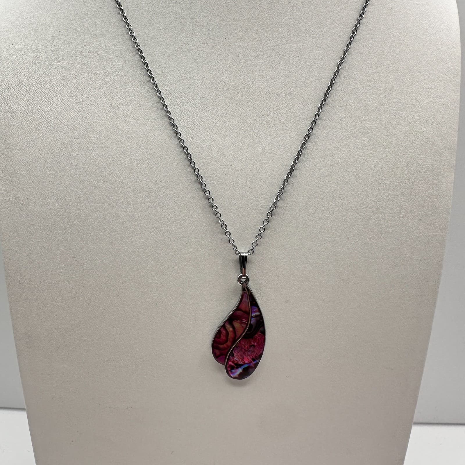 Vintage 90s Pink Abalone Shell Teardrop Pendant Necklace Silver Tone Jewelry - Thumbnail 2