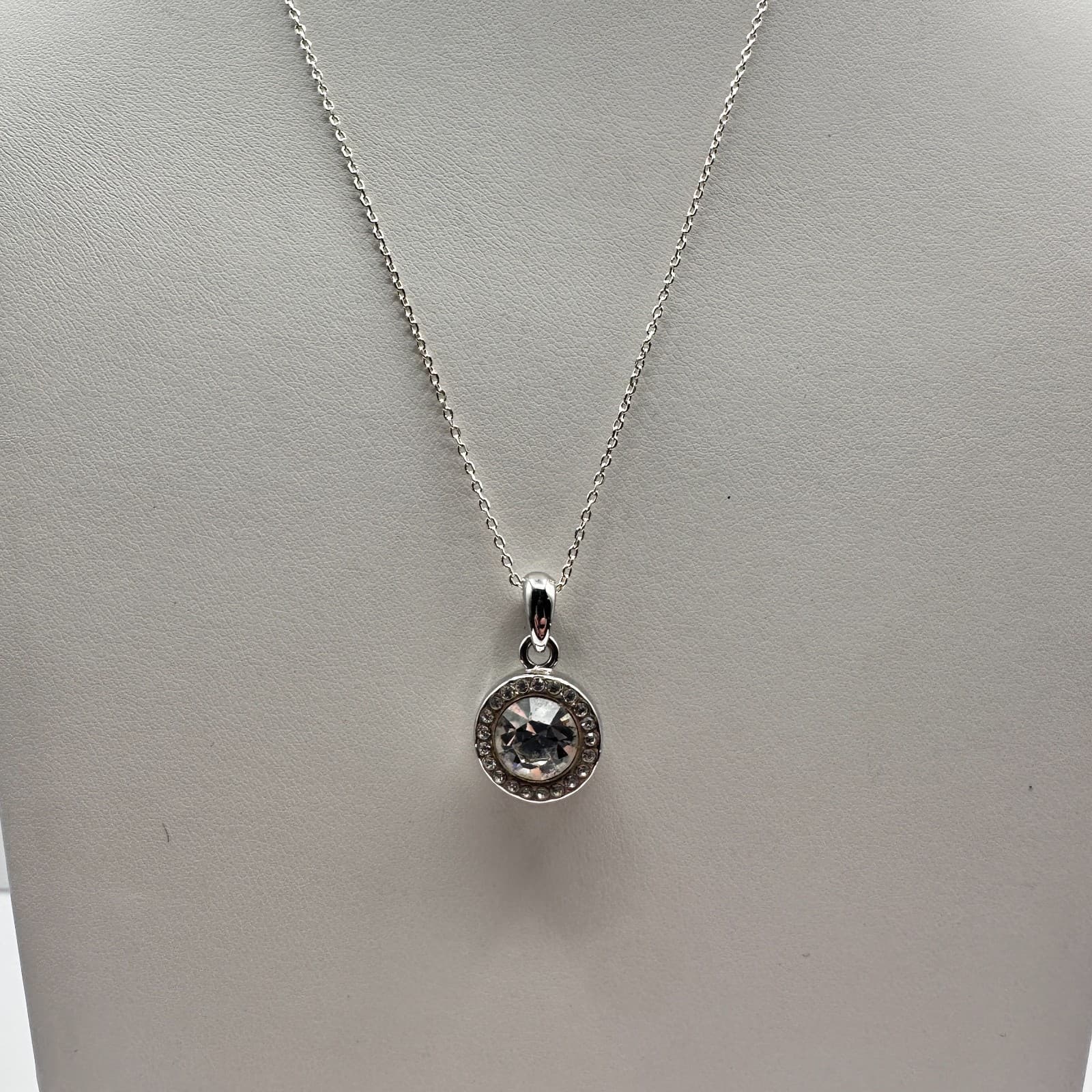 Vintage Y2K Silver Tone Clear Halo Glass Pendant Necklace Link Chain Jewelry - Thumbnail 3