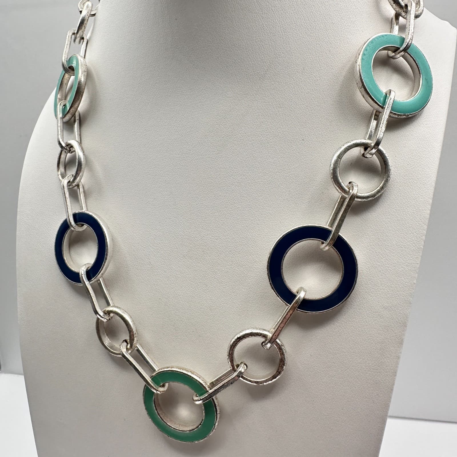 Vintage 90s Silver Tone Enamel Circle Link Statement Necklace Classic Jewelry - Thumbnail 8