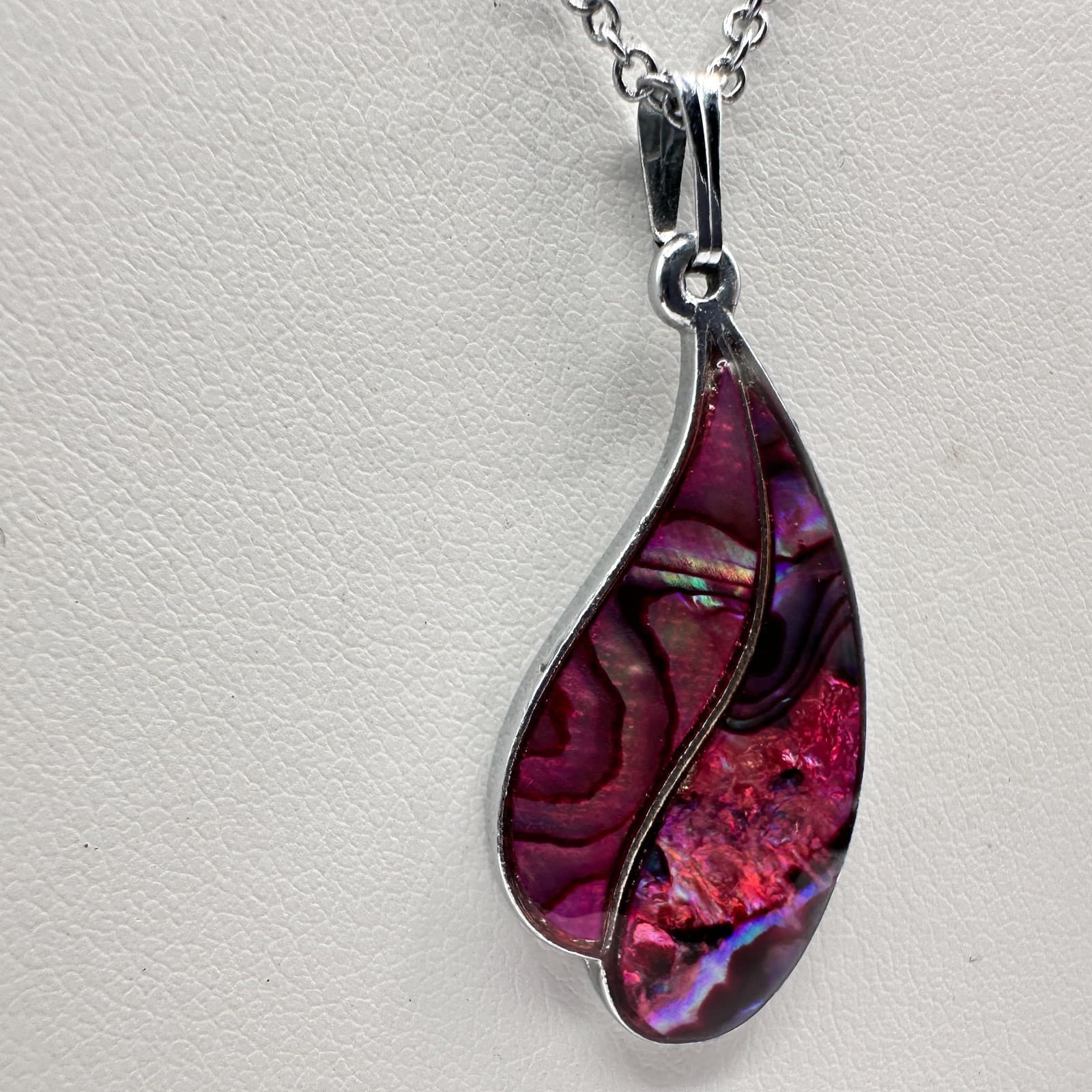 Vintage 90s Pink Abalone Shell Teardrop Pendant Necklace Silver Tone Jewelry - Thumbnail 5