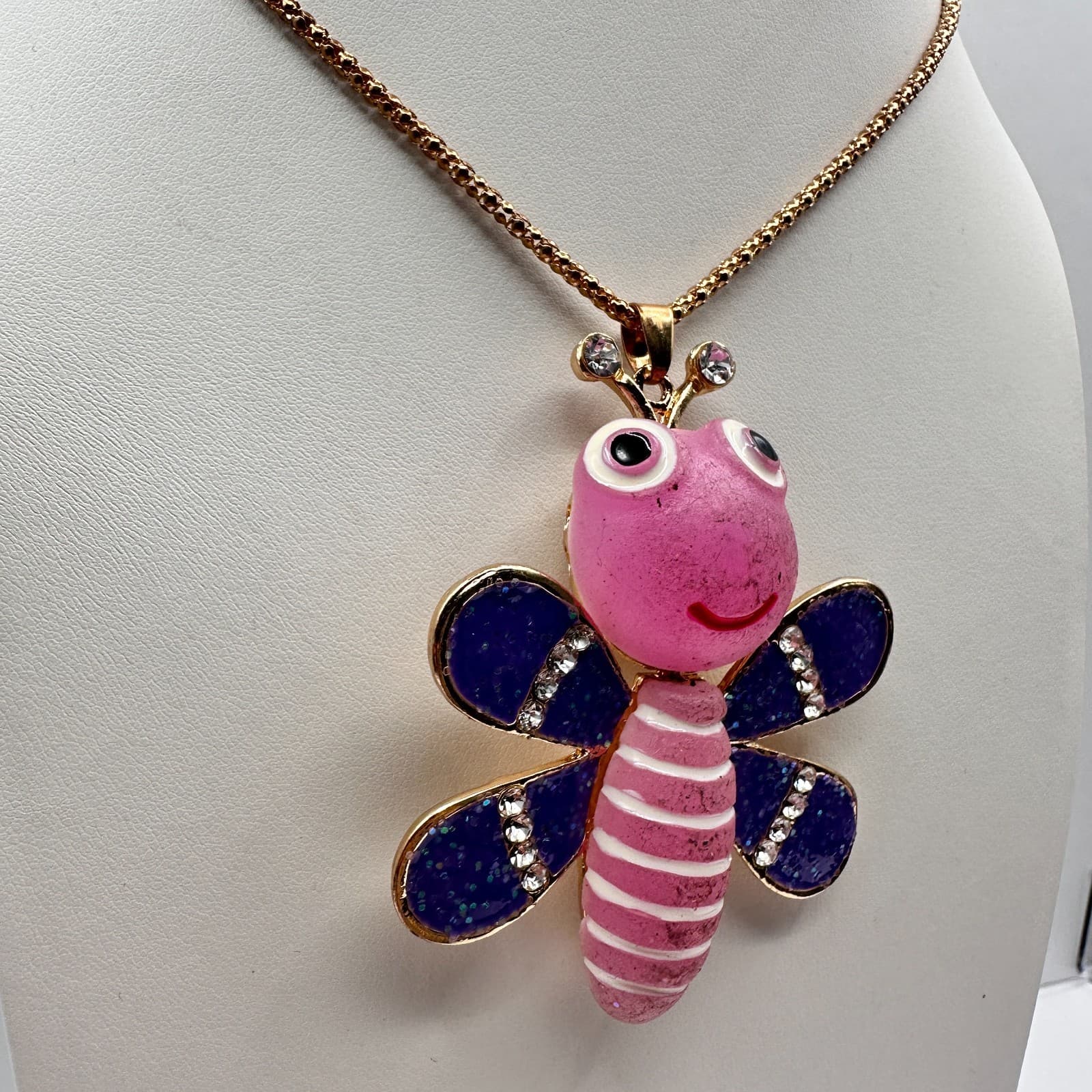 Vintage 90s Betsey Johnson Glass Accents Butterfly Bee Pendant Necklace Jewelry - Thumbnail 7