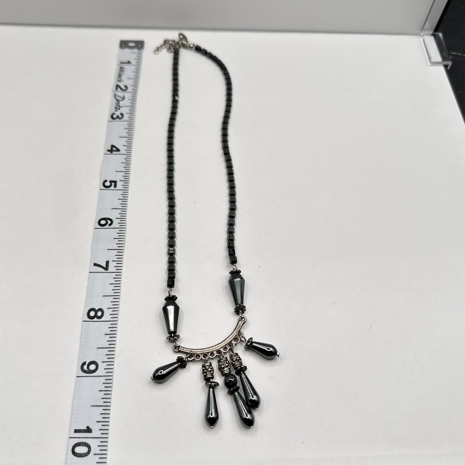 Vintage 90s Hematite Stone Fringe Necklace Silver Tone Dangle Boho Chic Jewelry - Thumbnail 10