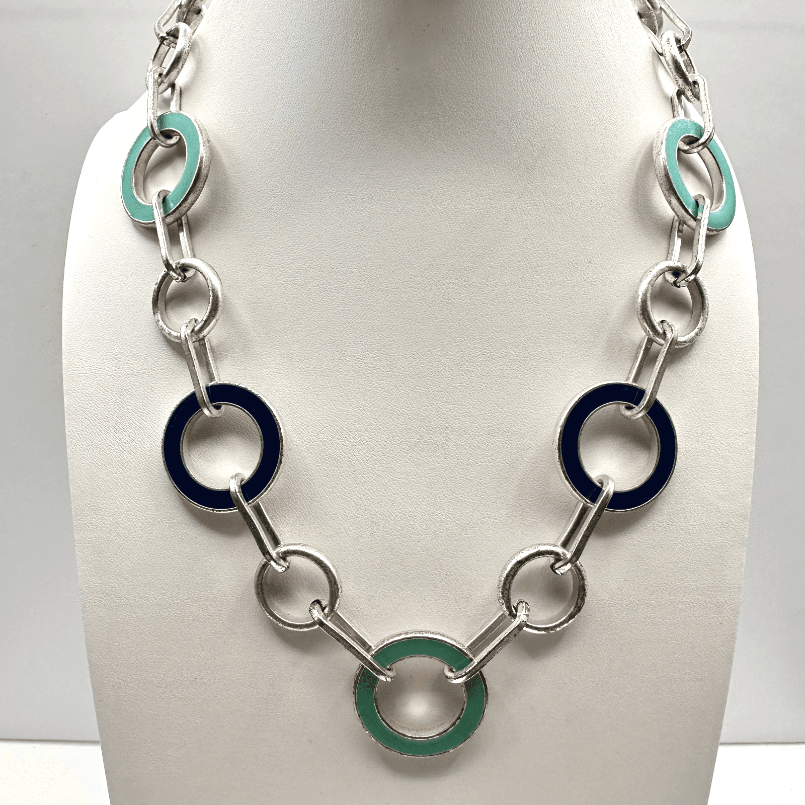 Vintage 90s Silver Tone Enamel Circle Link Statement Necklace Classic Jewelry - Image 1