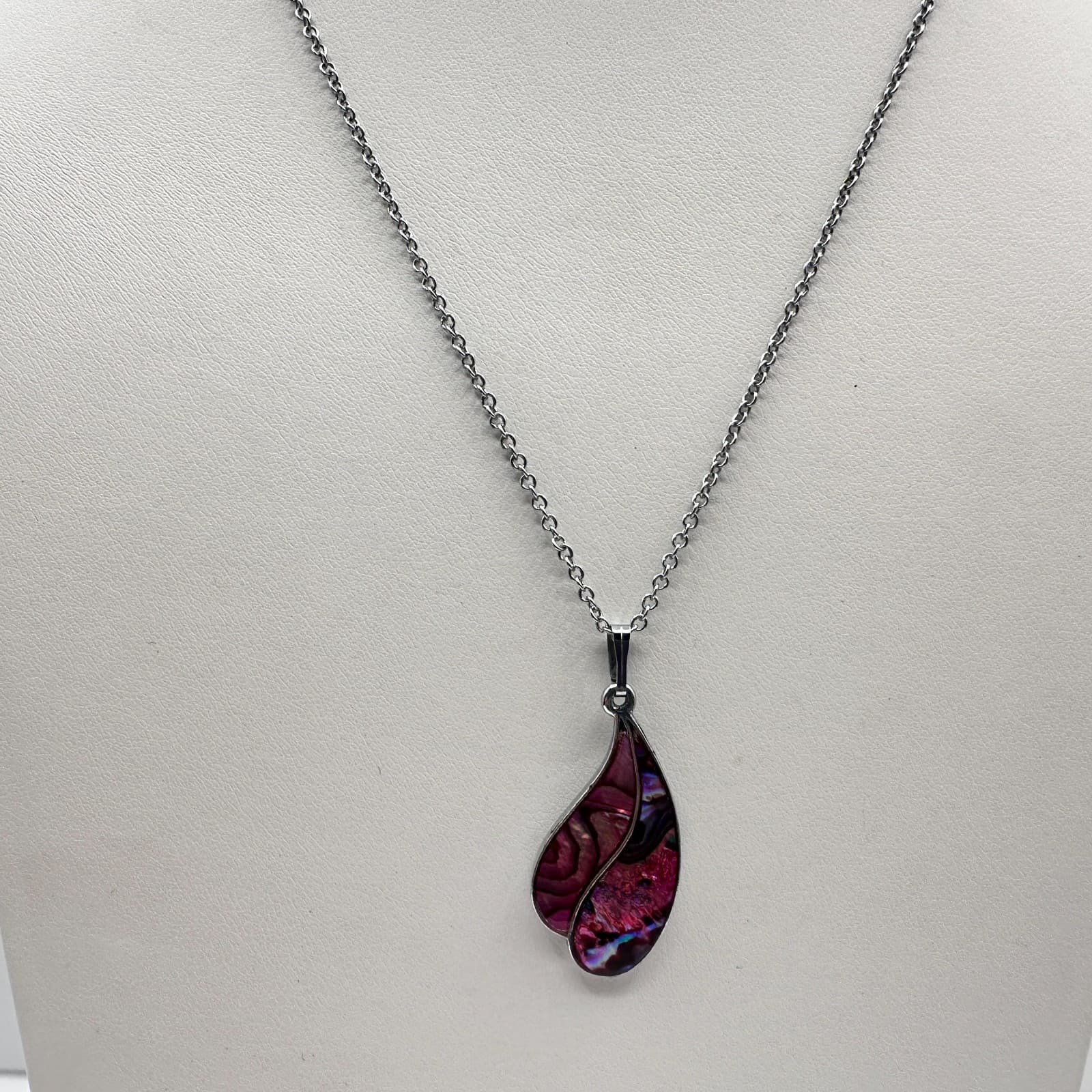 Vintage 90s Pink Abalone Shell Teardrop Pendant Necklace Silver Tone Jewelry - Thumbnail 7