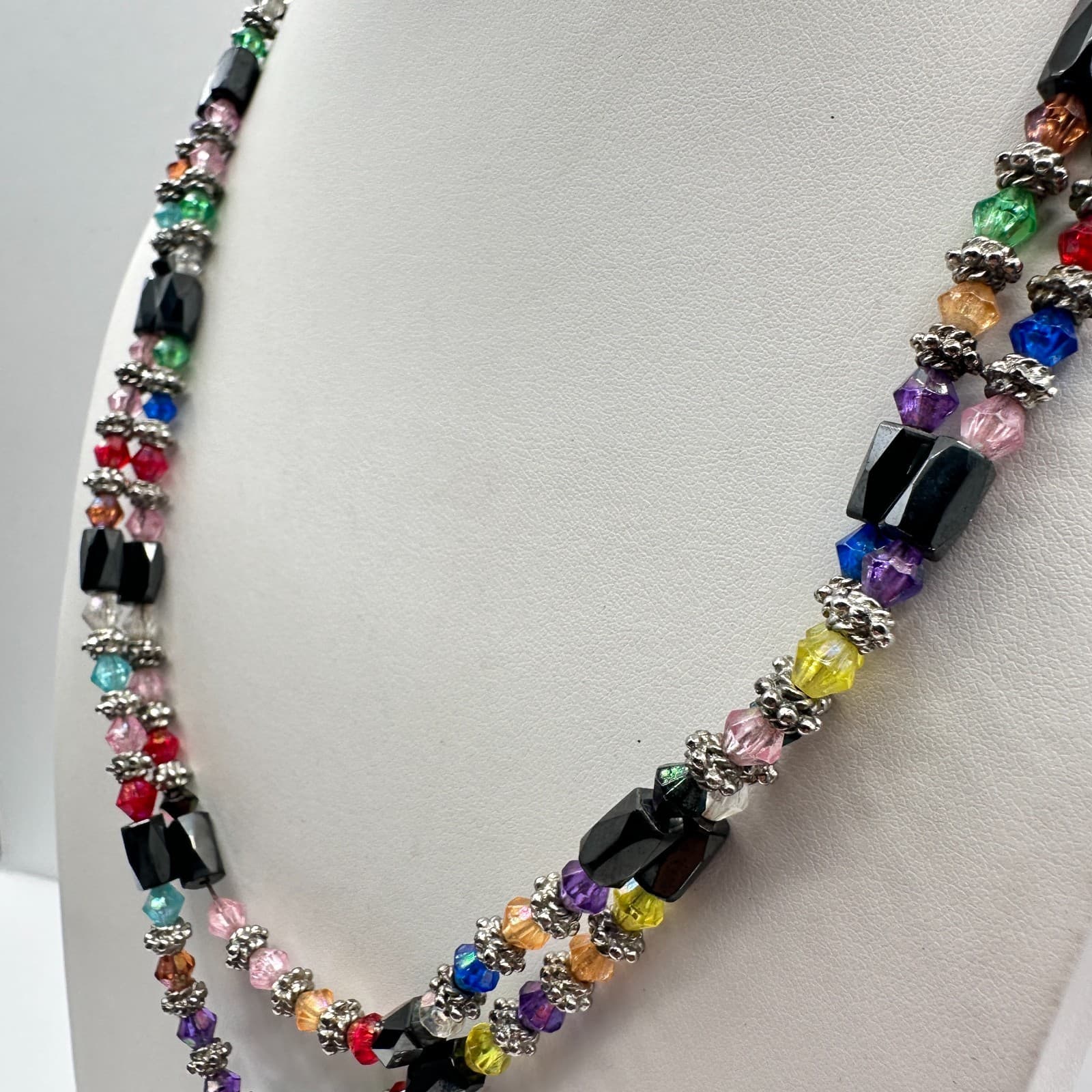 Vintage 90s Magnetic Hematite & Rainbow Glass Double Strand Necklace Jewelry - Thumbnail 9