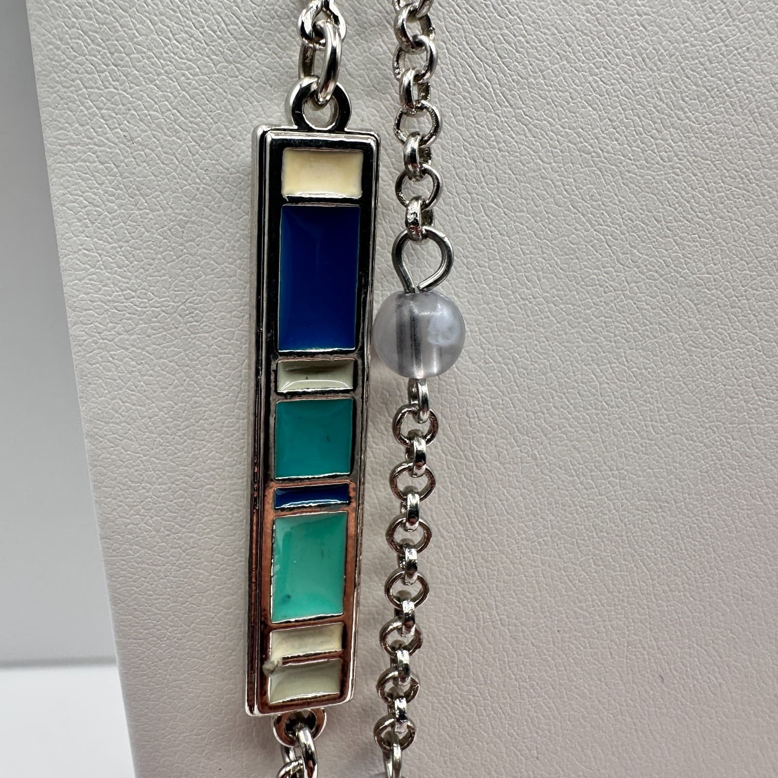 Vintage 90s Silver Tone Necklace Enamel Frosted Grey Beads Long Layering Boho - Thumbnail 5