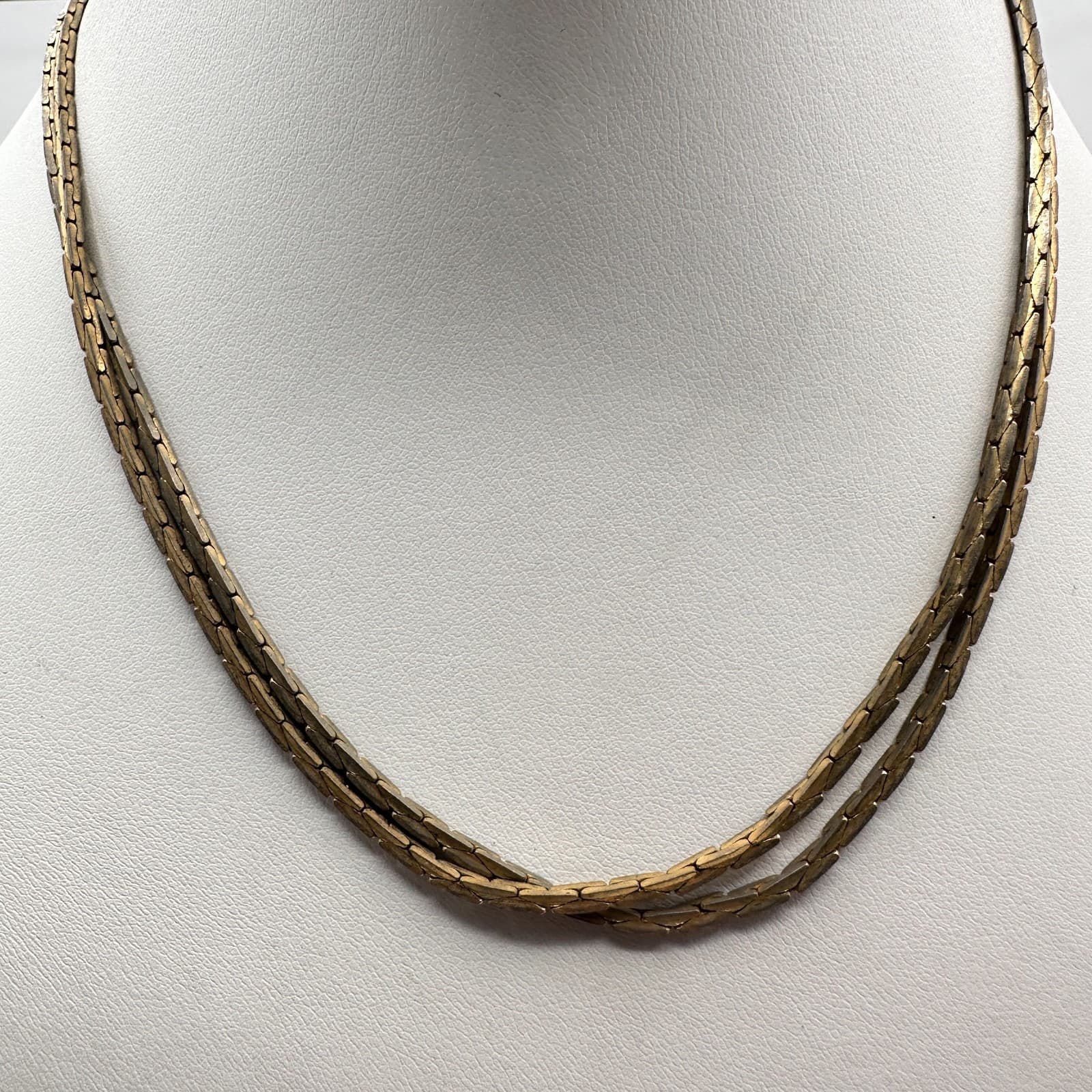 Vintage 90s Gold Tone Herringbone Double Strand Necklace Minimalist Fashion - Thumbnail 2