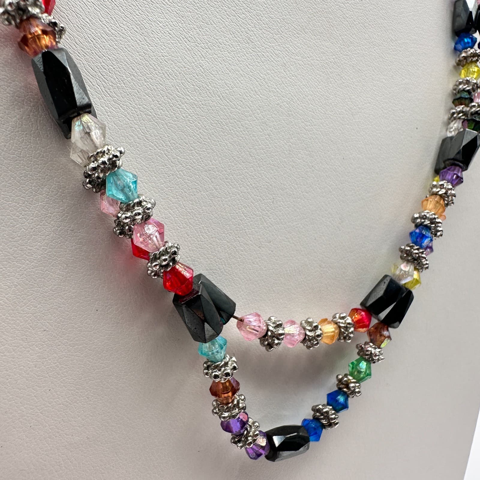 Vintage 90s Magnetic Hematite & Rainbow Glass Double Strand Necklace Jewelry - Thumbnail 4