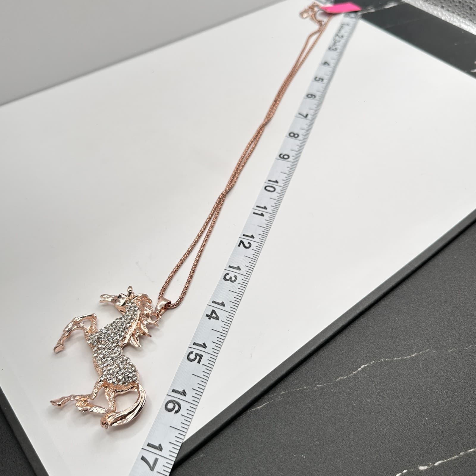 Vintage 90s Betsey Johnson Unicorn Necklace Rose Gold Tone Glass Pendant Jewelry - Thumbnail 14