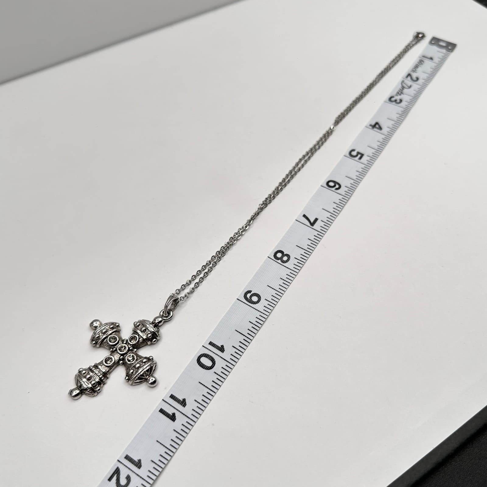 Vintage 90s Byzantine Cross Necklace Silver Tone Clear Glass Gothic Pendant - Thumbnail 8