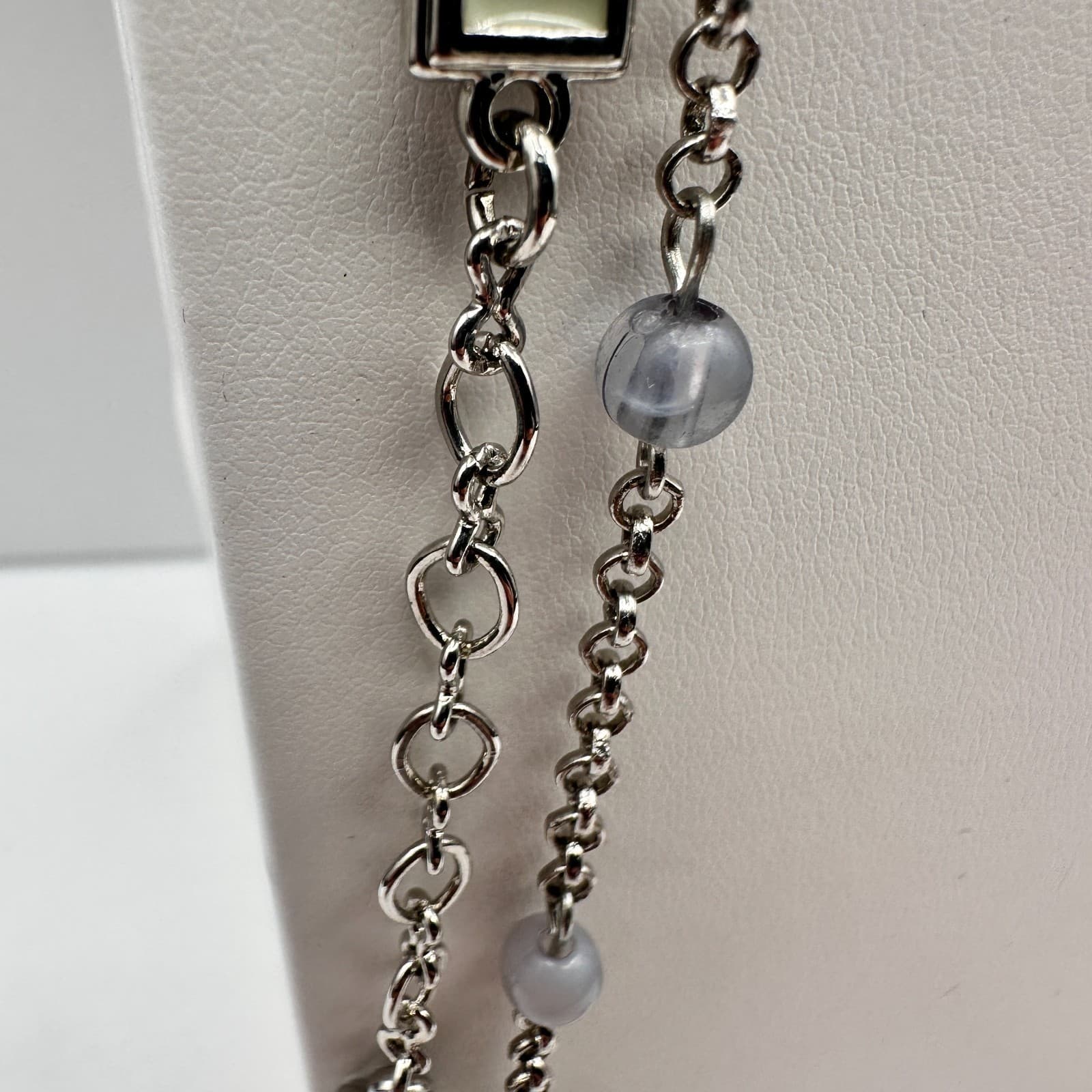 Vintage 90s Silver Tone Necklace Enamel Frosted Grey Beads Long Layering Boho - Thumbnail 6