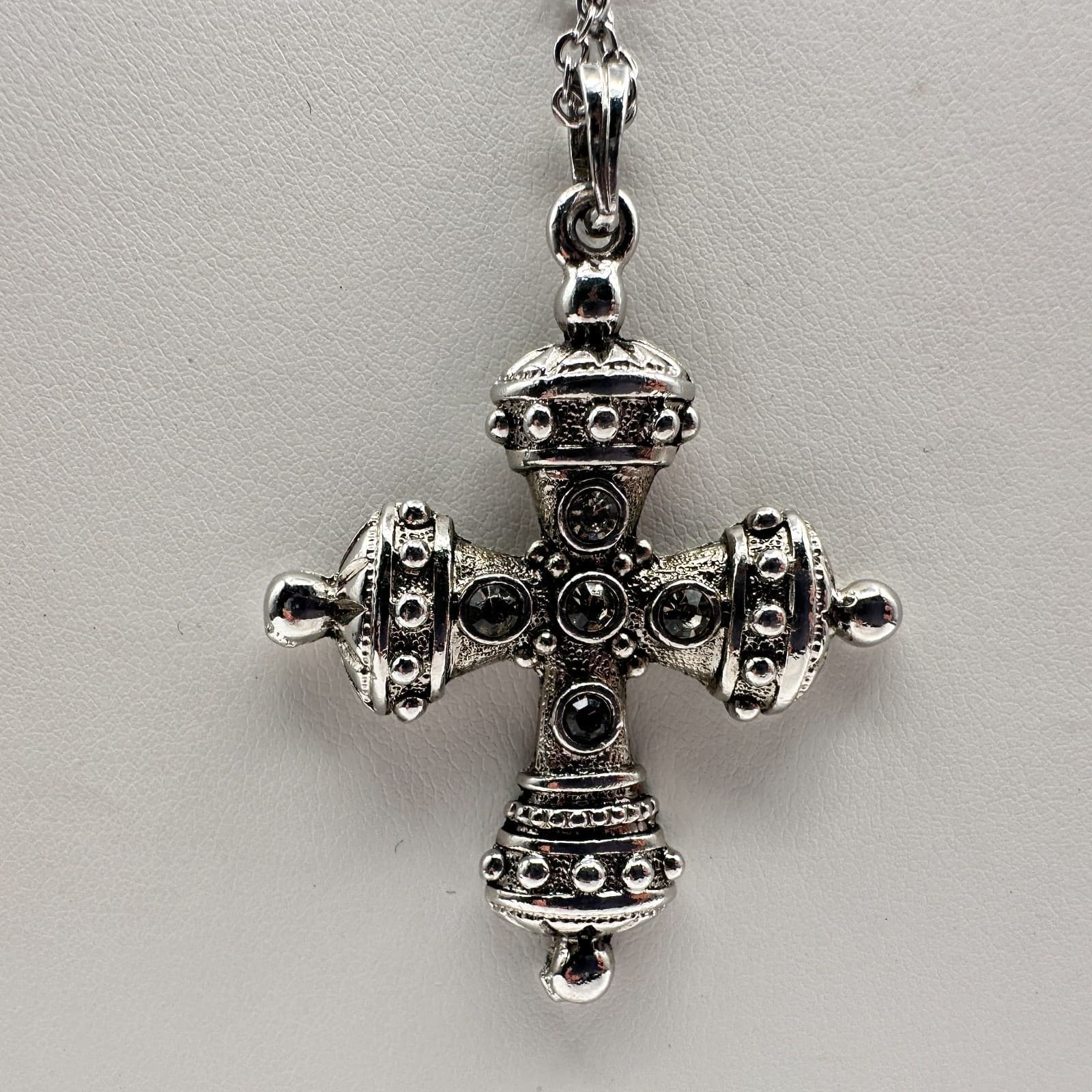 Vintage 90s Byzantine Cross Necklace Silver Tone Clear Glass Gothic Pendant - Image 1