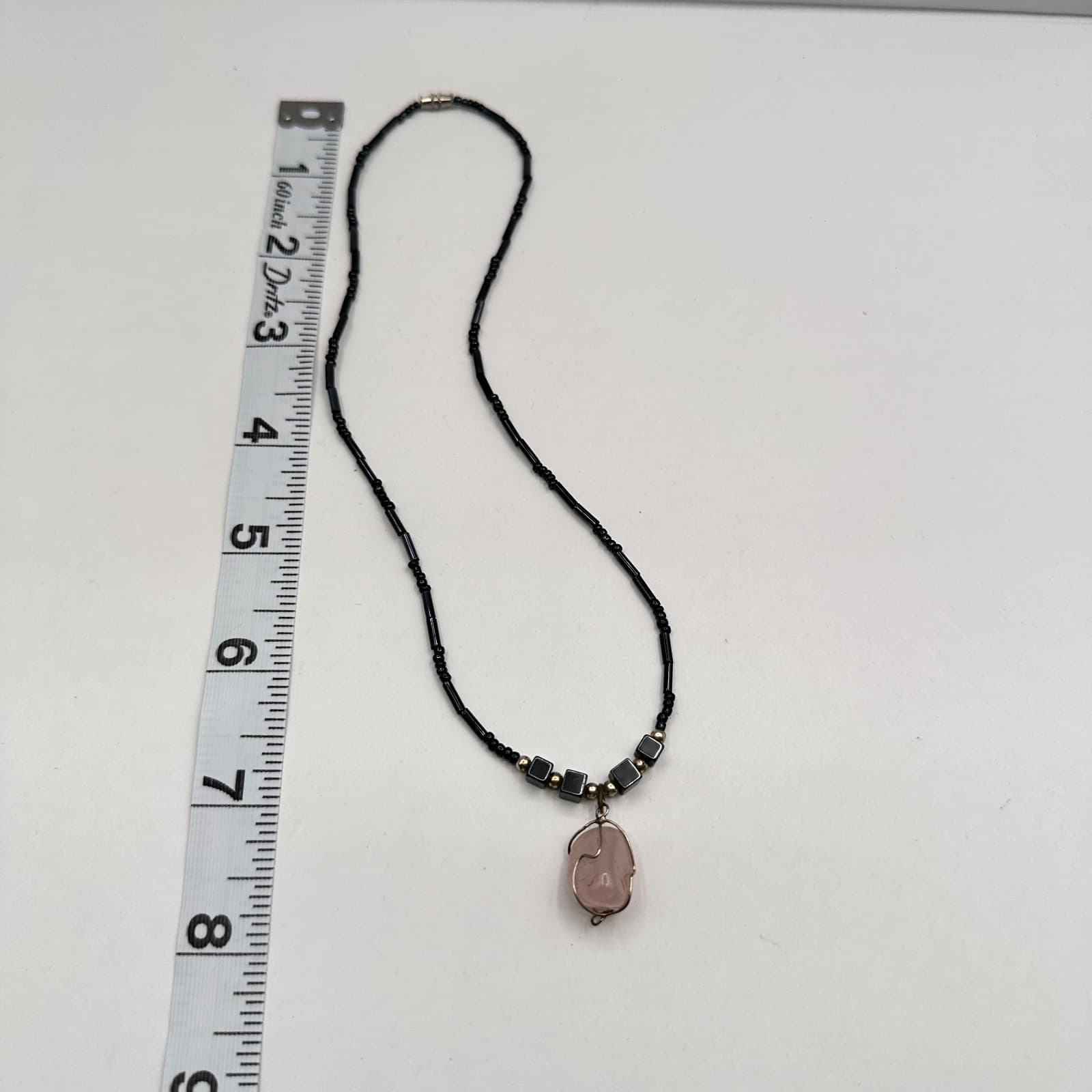 Vintage 90s Rose Quartz Black Beaded Wire Wrapped Pendant Necklace Jewelry - Thumbnail 9