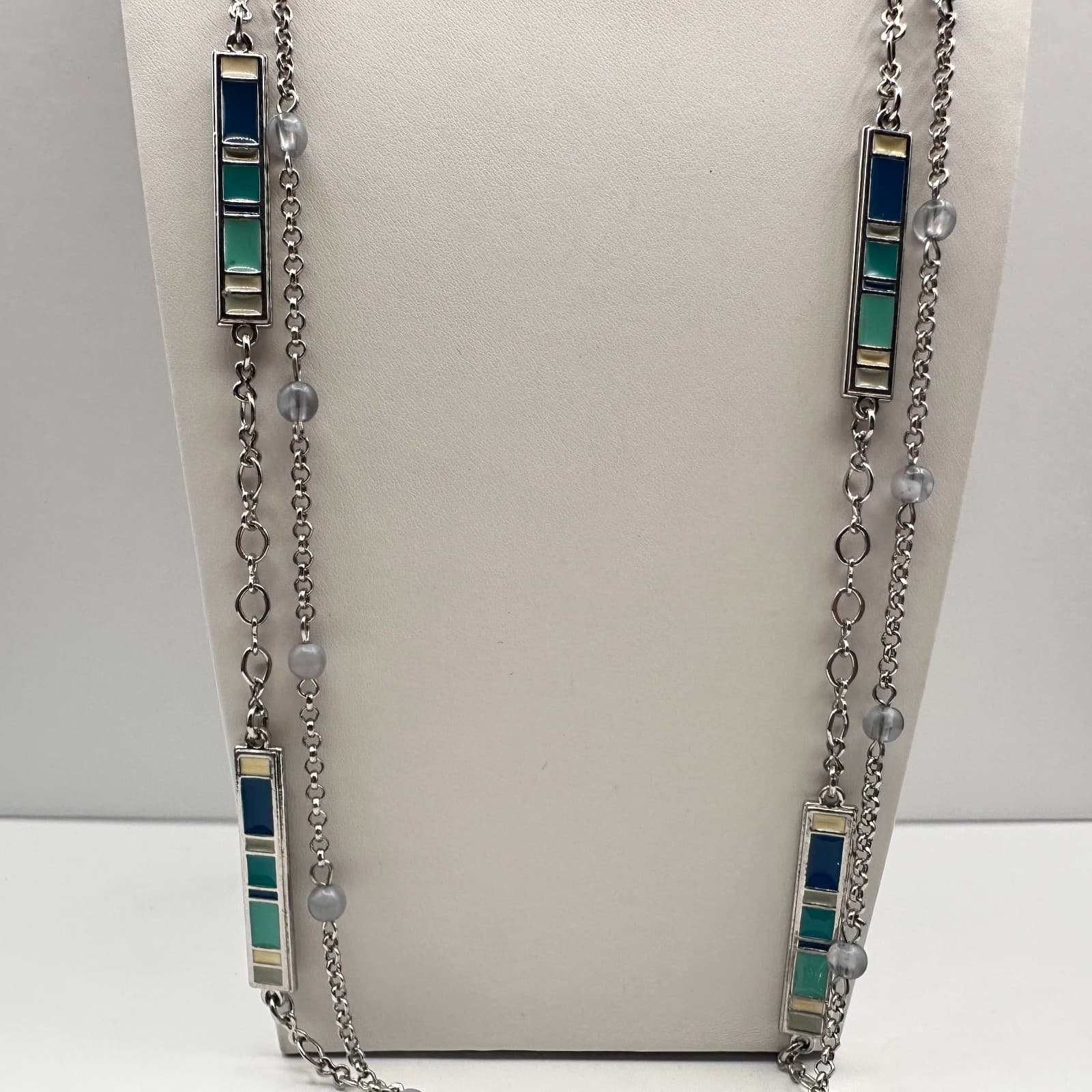 Vintage 90s Silver Tone Necklace Enamel Frosted Grey Beads Long Layering Boho - Thumbnail 3