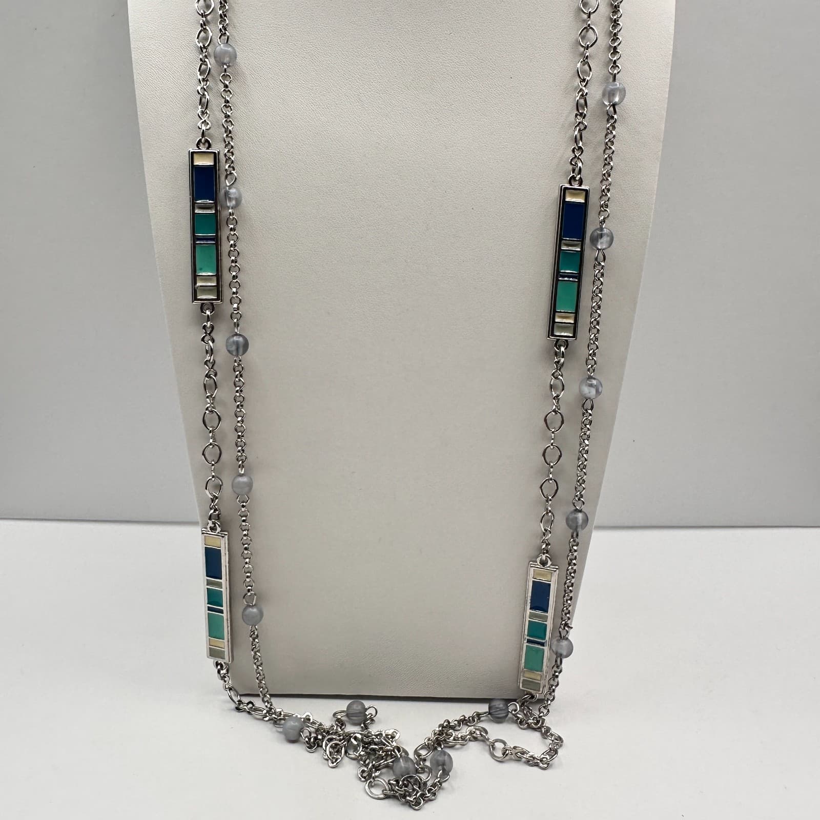 Vintage 90s Silver Tone Necklace Enamel Frosted Grey Beads Long Layering Boho - Thumbnail 7