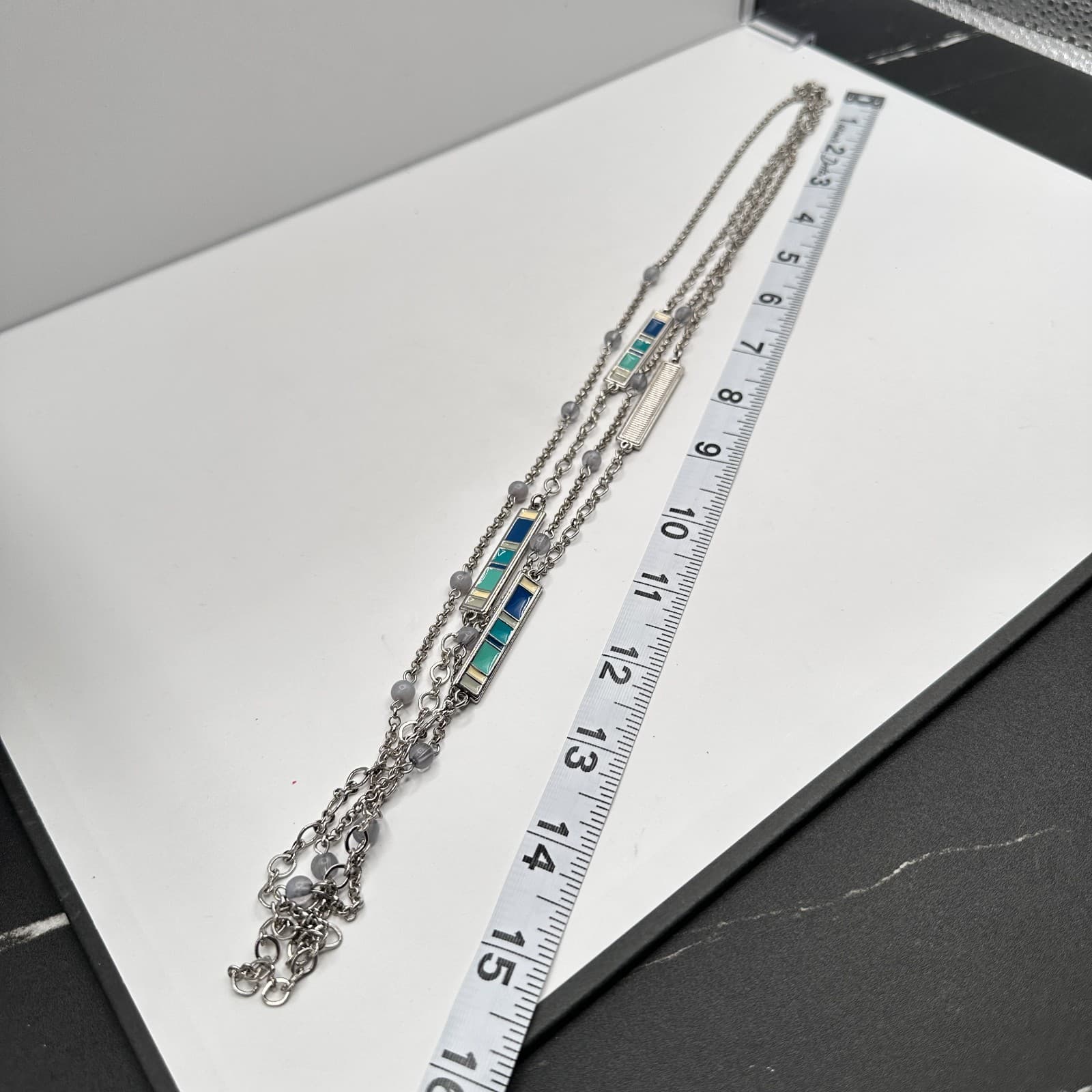 Vintage 90s Silver Tone Necklace Enamel Frosted Grey Beads Long Layering Boho - Thumbnail 9