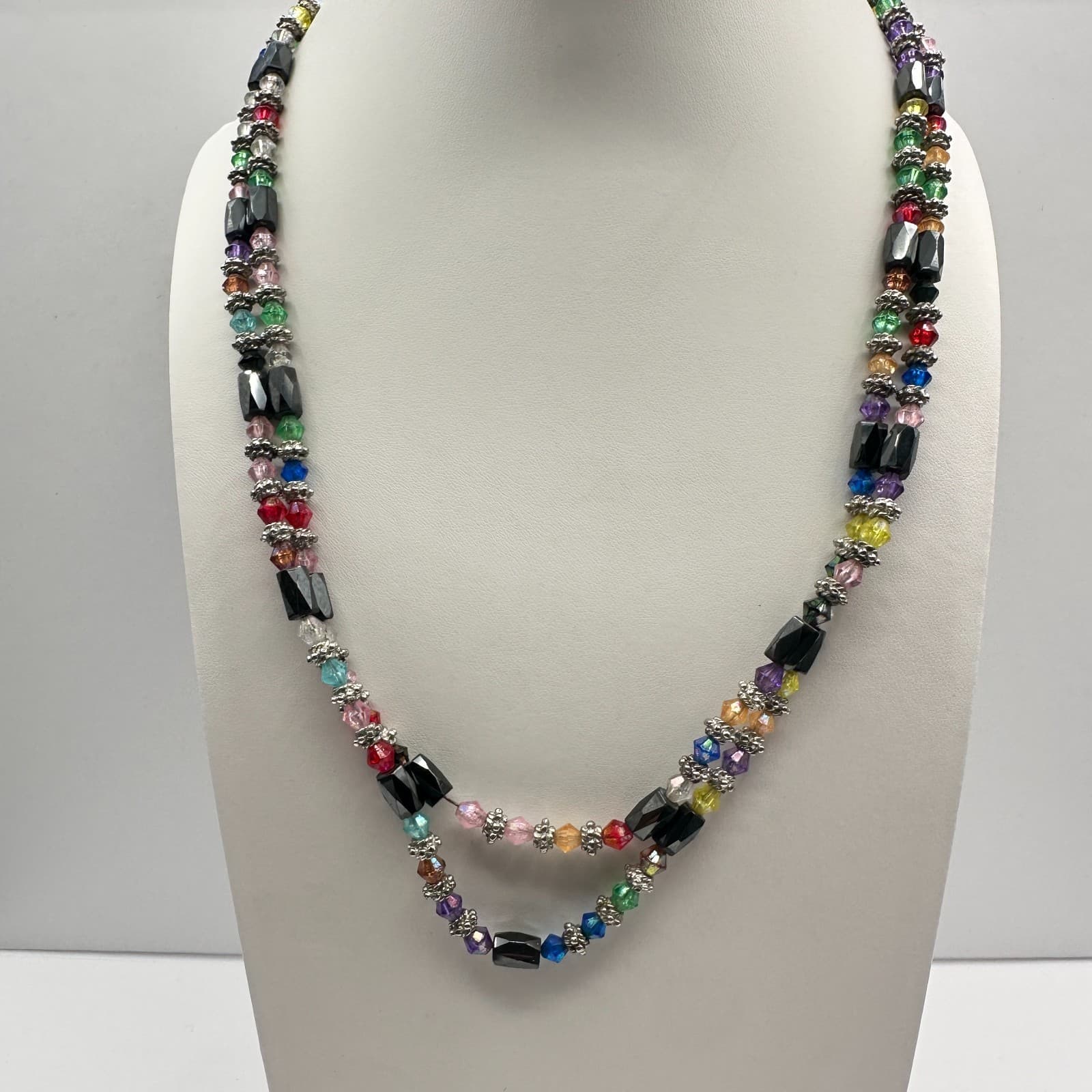 Vintage 90s Magnetic Hematite & Rainbow Glass Double Strand Necklace Jewelry - Thumbnail 2