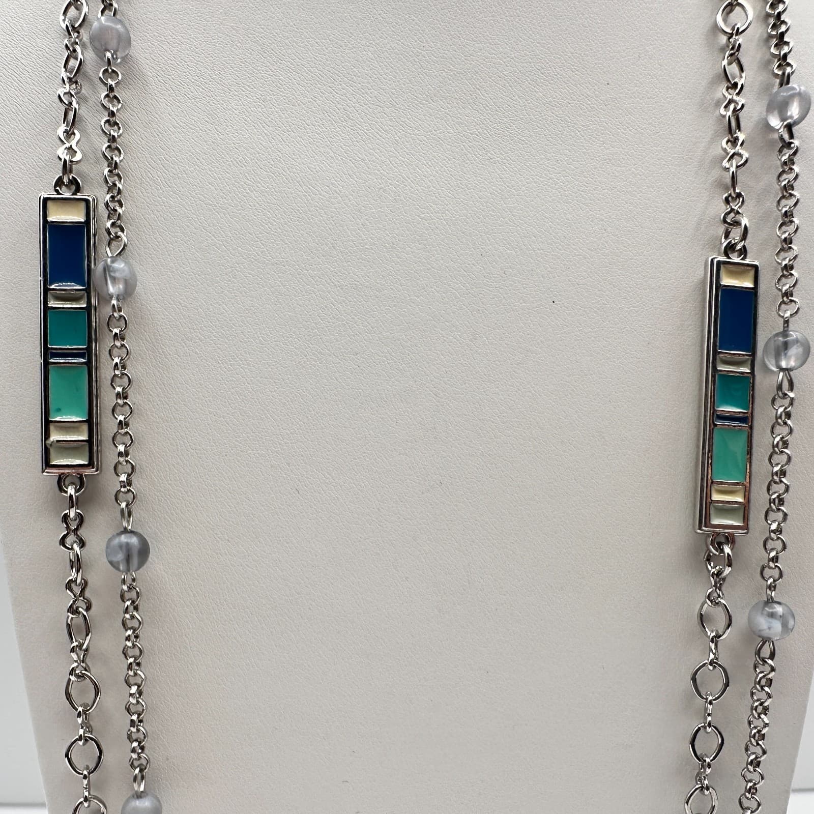 Vintage 90s Silver Tone Necklace Enamel Frosted Grey Beads Long Layering Boho - Thumbnail 4