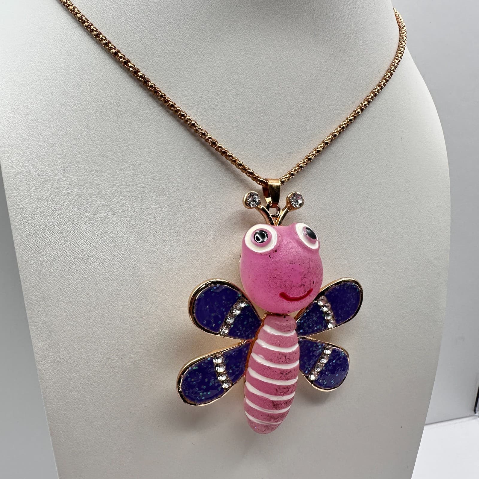 Vintage 90s Betsey Johnson Glass Accents Butterfly Bee Pendant Necklace Jewelry - Thumbnail 8