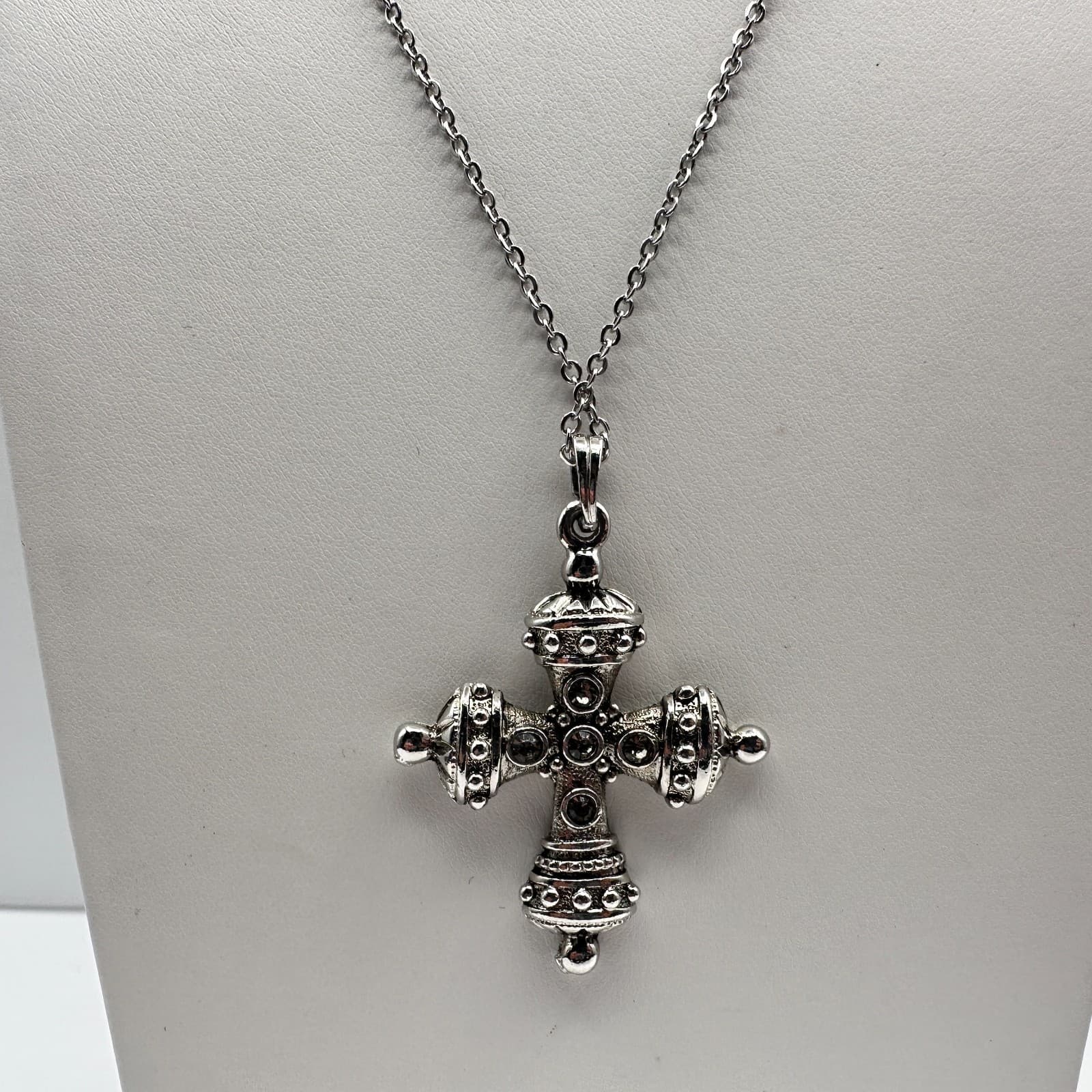 Vintage 90s Byzantine Cross Necklace Silver Tone Clear Glass Gothic Pendant - Thumbnail 3