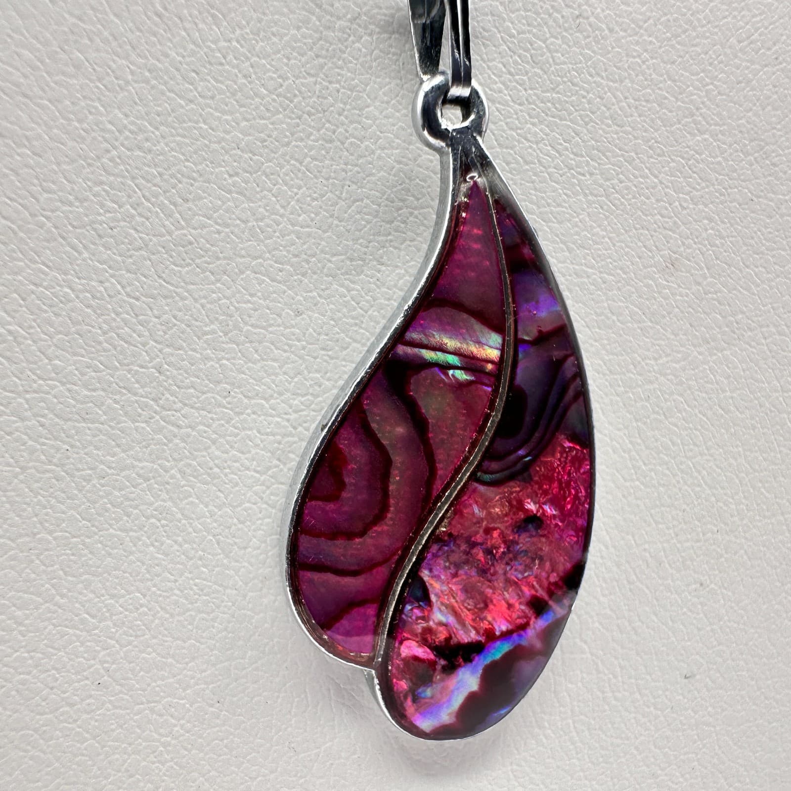 Vintage 90s Pink Abalone Shell Teardrop Pendant Necklace Silver Tone Jewelry - Thumbnail 4