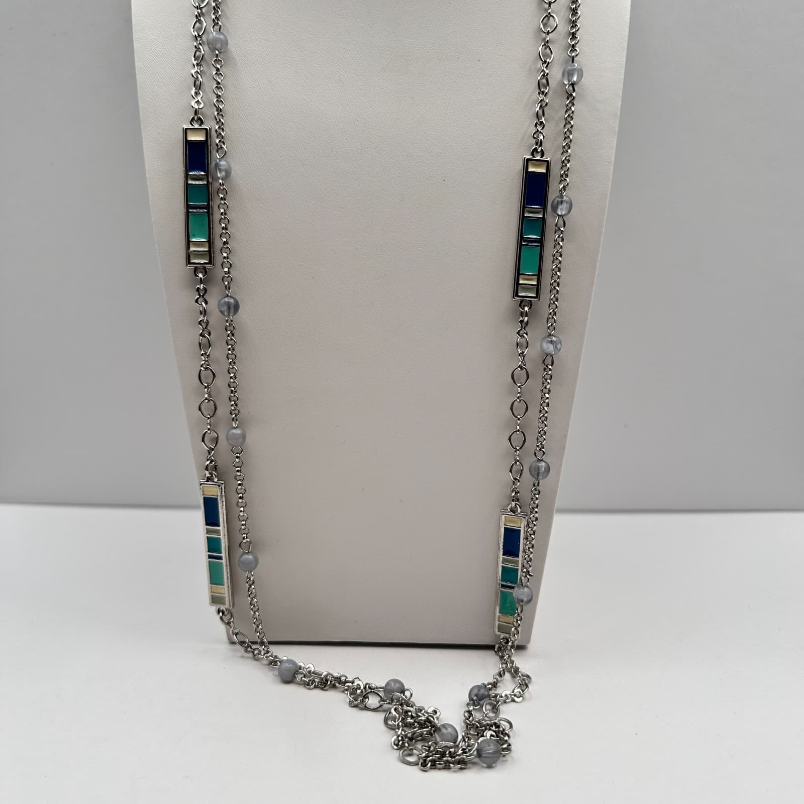 Vintage 90s Silver Tone Necklace Enamel Frosted Grey Beads Long Layering Boho - Image 1