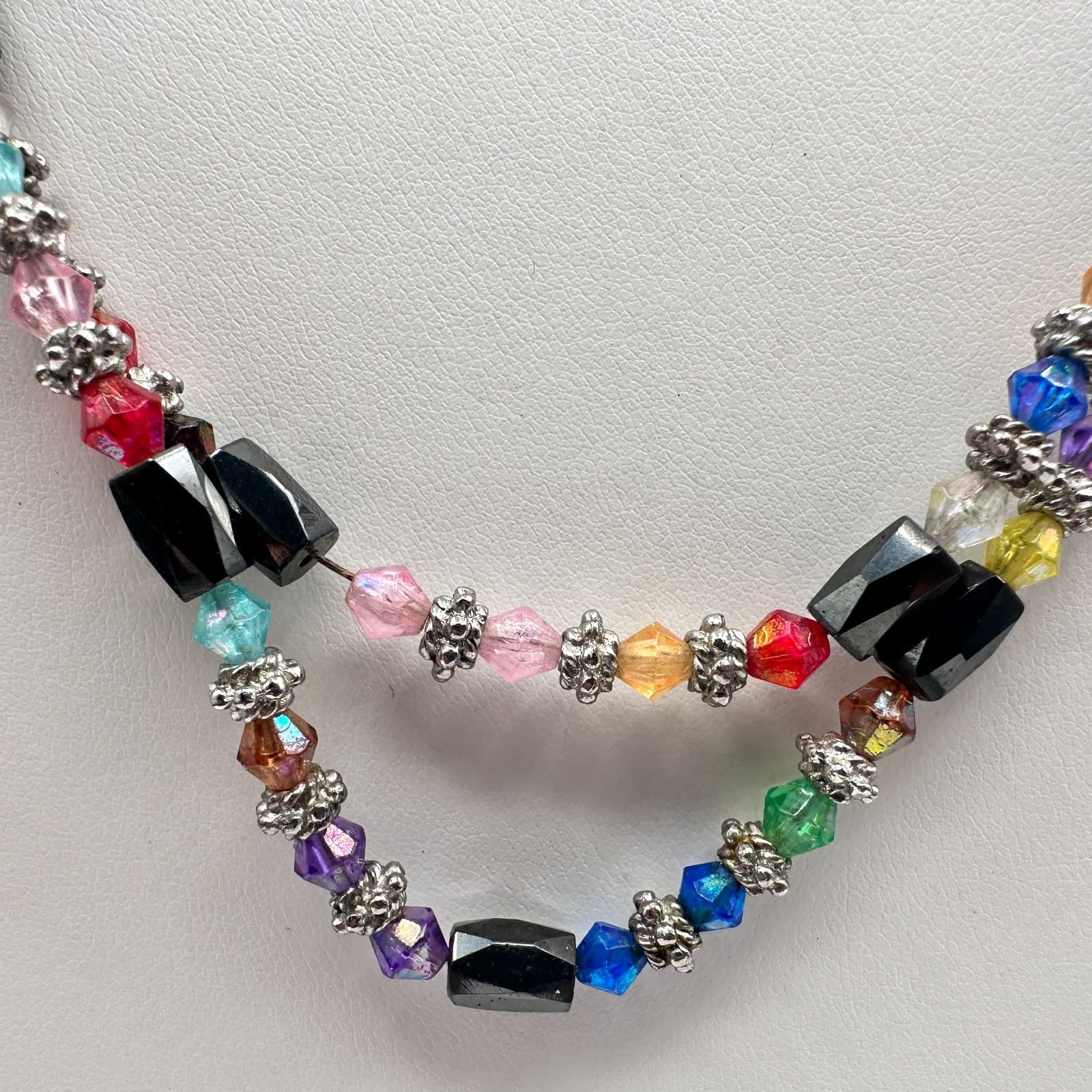 Vintage 90s Magnetic Hematite & Rainbow Glass Double Strand Necklace Jewelry - Thumbnail 3