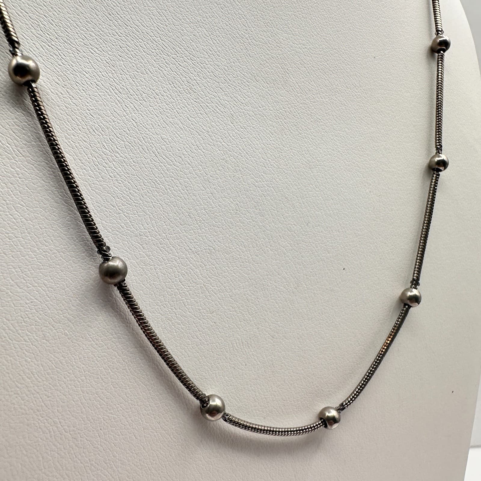 Vintage 90s Silver Tone Snake Chain Necklace Minimalist Station Beaded Jewelry - Image 1