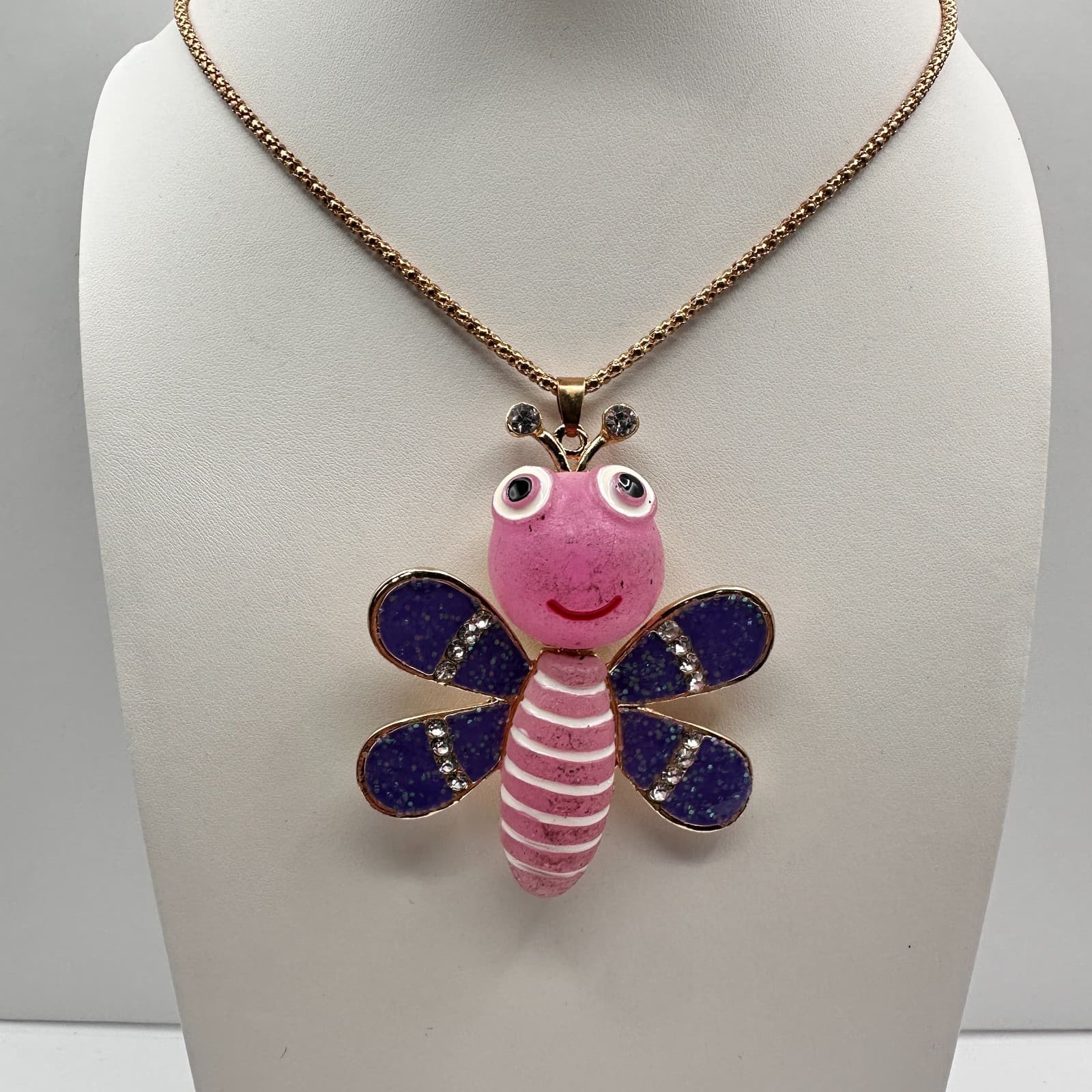 Vintage 90s Betsey Johnson Glass Accents Butterfly Bee Pendant Necklace Jewelry - Thumbnail 2
