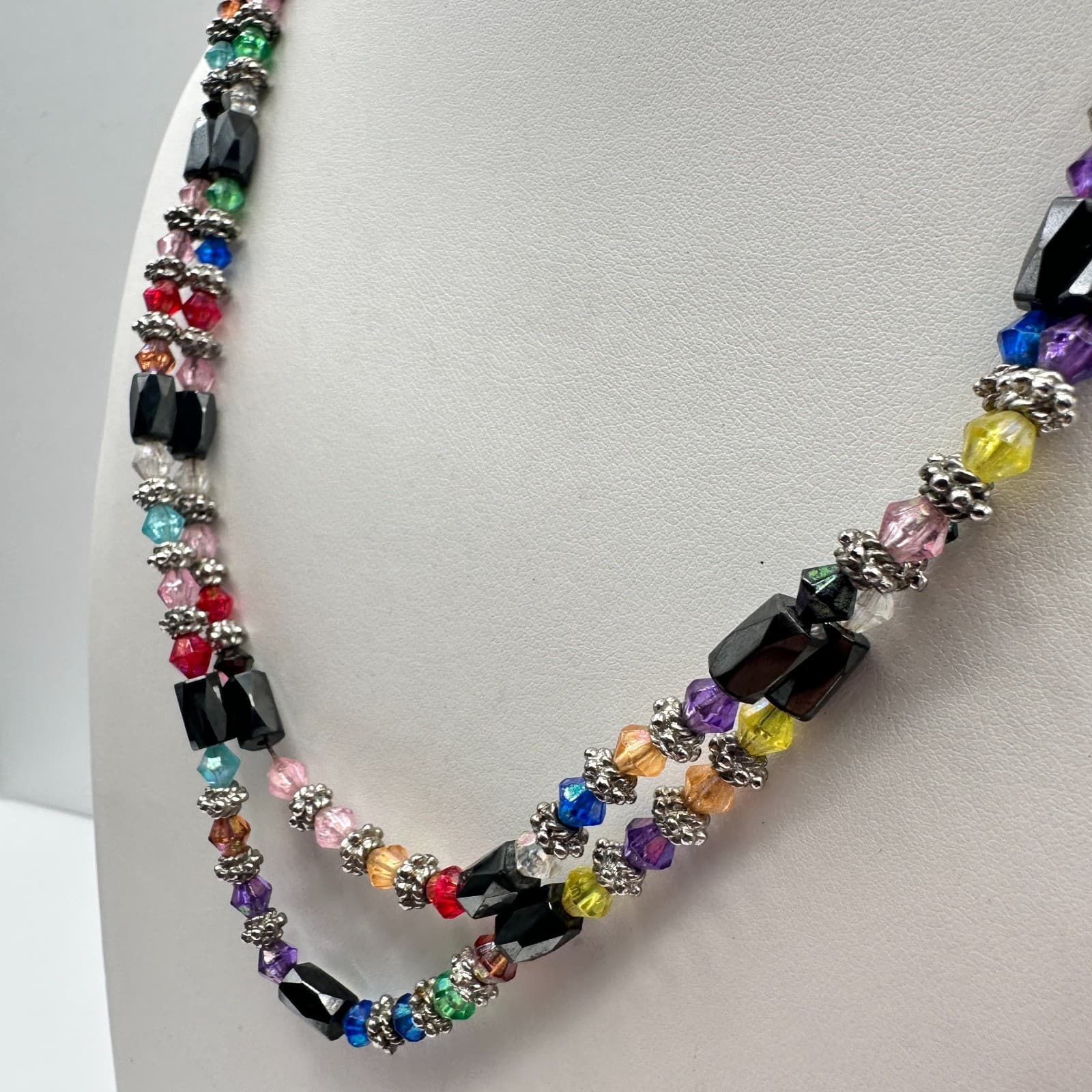 Vintage 90s Magnetic Hematite & Rainbow Glass Double Strand Necklace Jewelry - Thumbnail 8