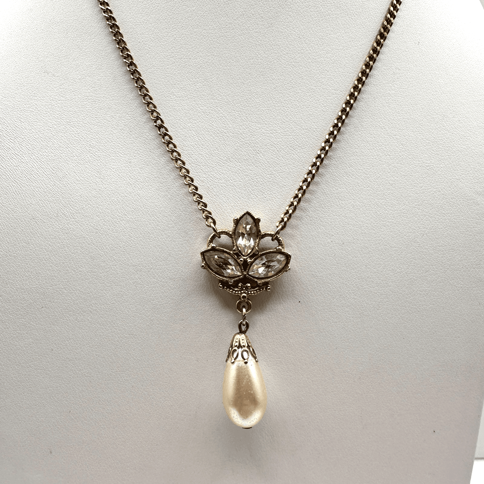 Vintage 90s Gold Tone Faux Pearl Teardrop Marquise Rhinestone Pendant Necklace - Thumbnail 2