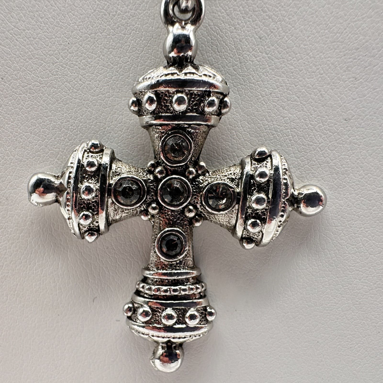 Vintage 90s Byzantine Cross Necklace Silver Tone Clear Glass Gothic Pendant - Thumbnail 6