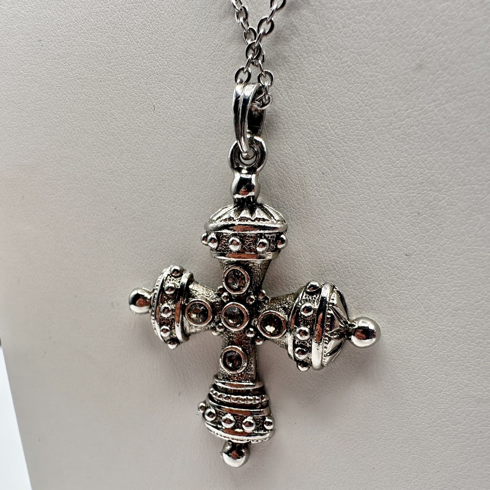 Vintage 90s Byzantine Cross Necklace Silver Tone Clear Glass Gothic Pendant - Thumbnail 5
