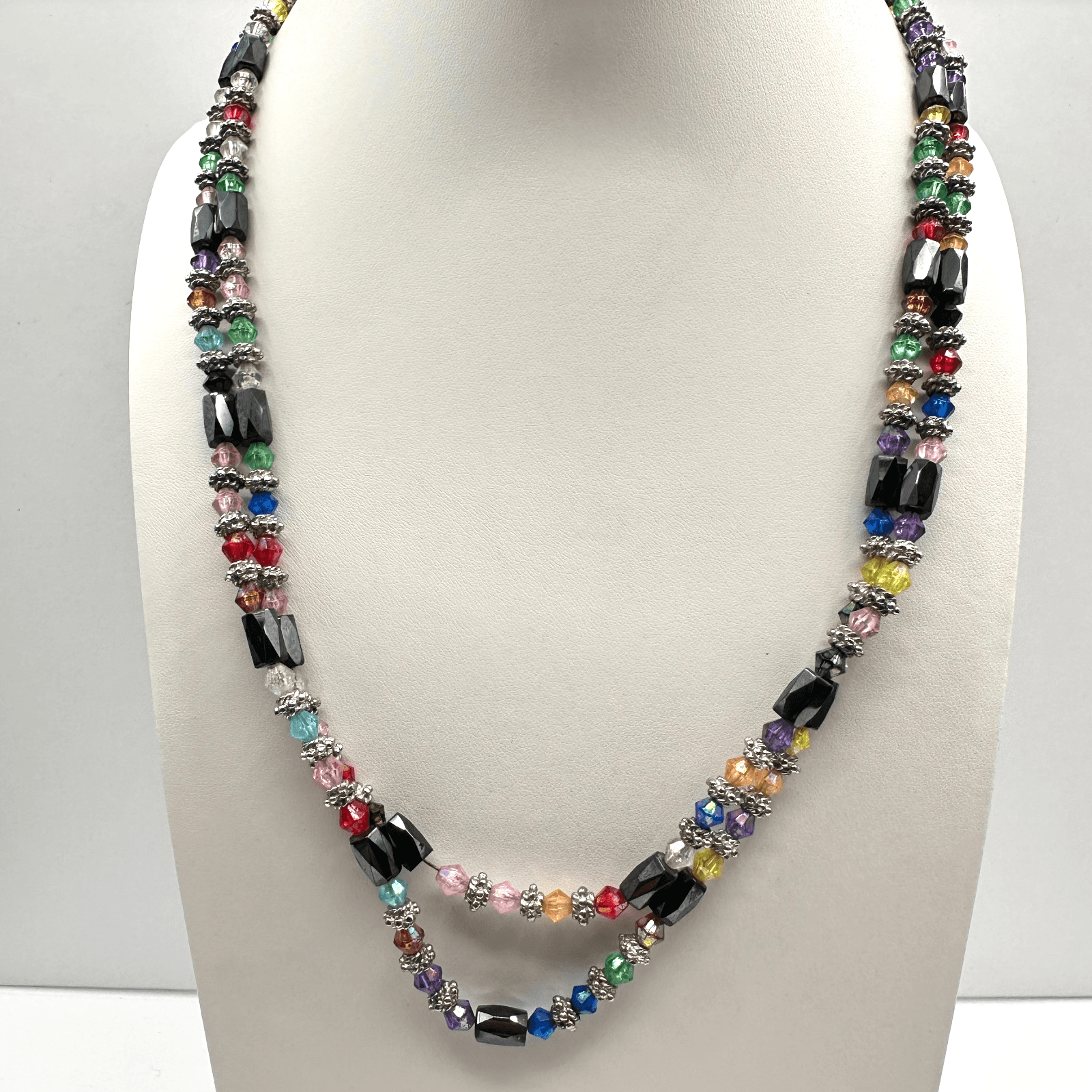 Vintage 90s Magnetic Hematite & Rainbow Glass Double Strand Necklace Jewelry - Image 1