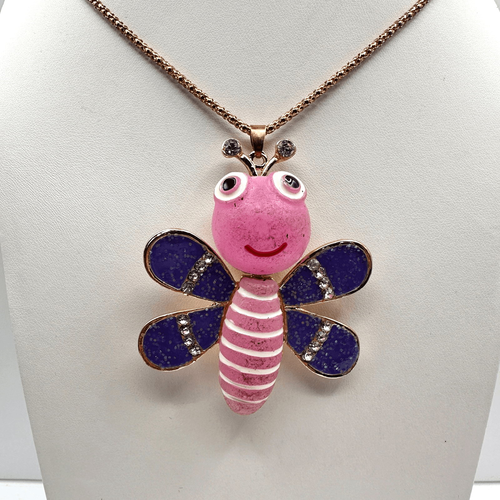 Vintage 90s Betsey Johnson Glass Accents Butterfly Bee Pendant Necklace Jewelry - Image 1