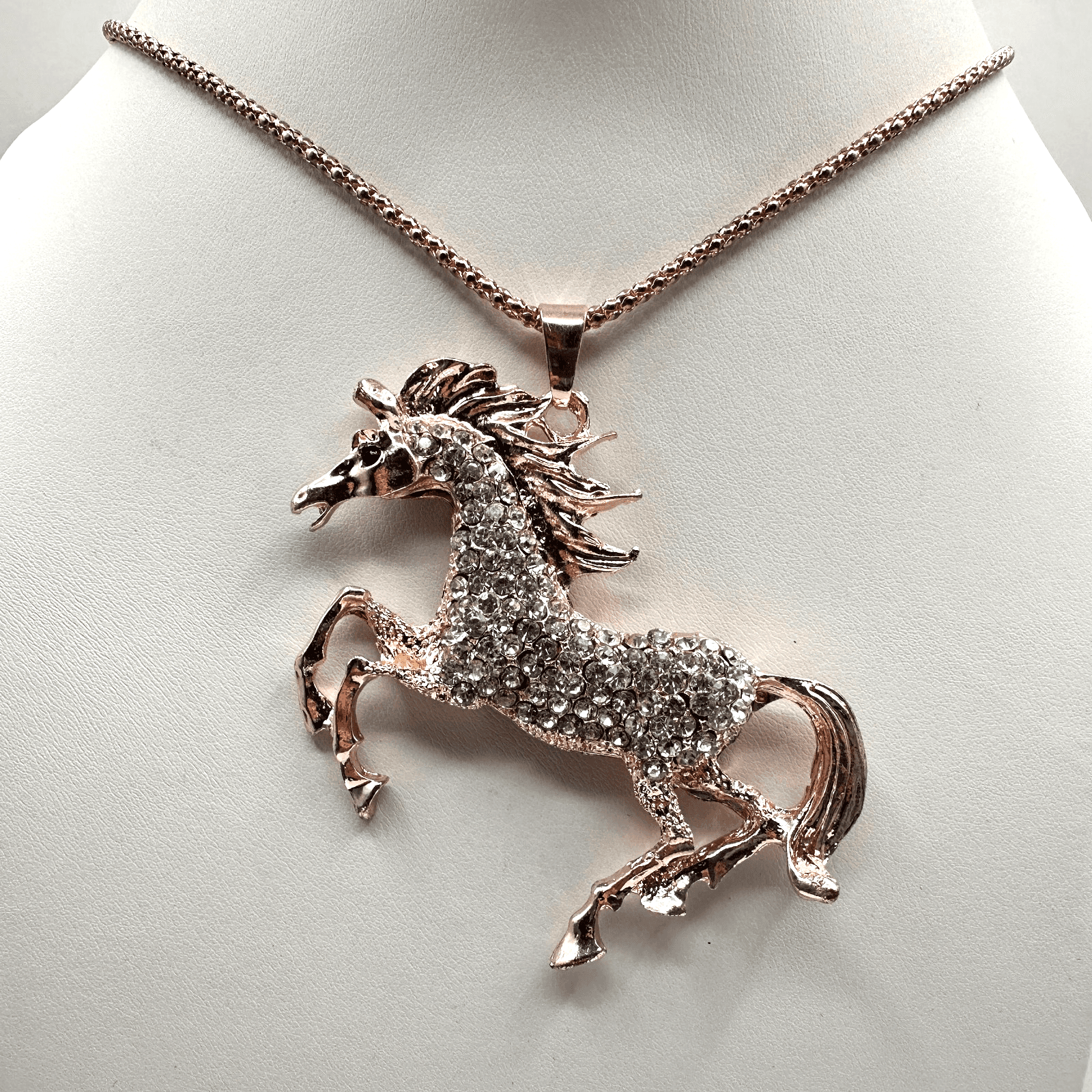 Vintage 90s Betsey Johnson Unicorn Necklace Rose Gold Tone Glass Pendant Jewelry - Image 1