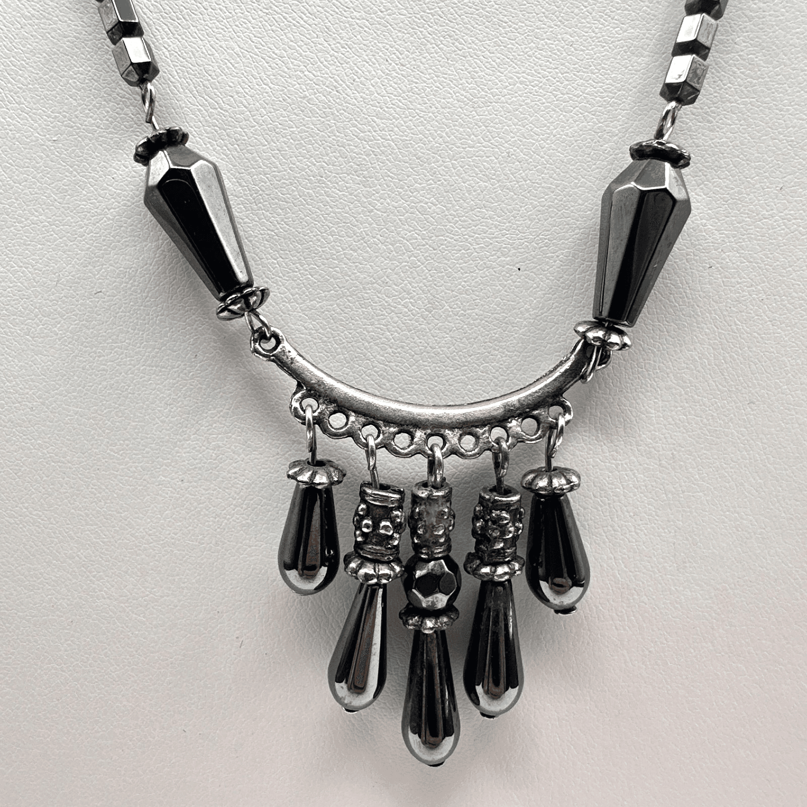 Vintage 90s Hematite Stone Fringe Necklace Silver Tone Dangle Boho Chic Jewelry - Image 1